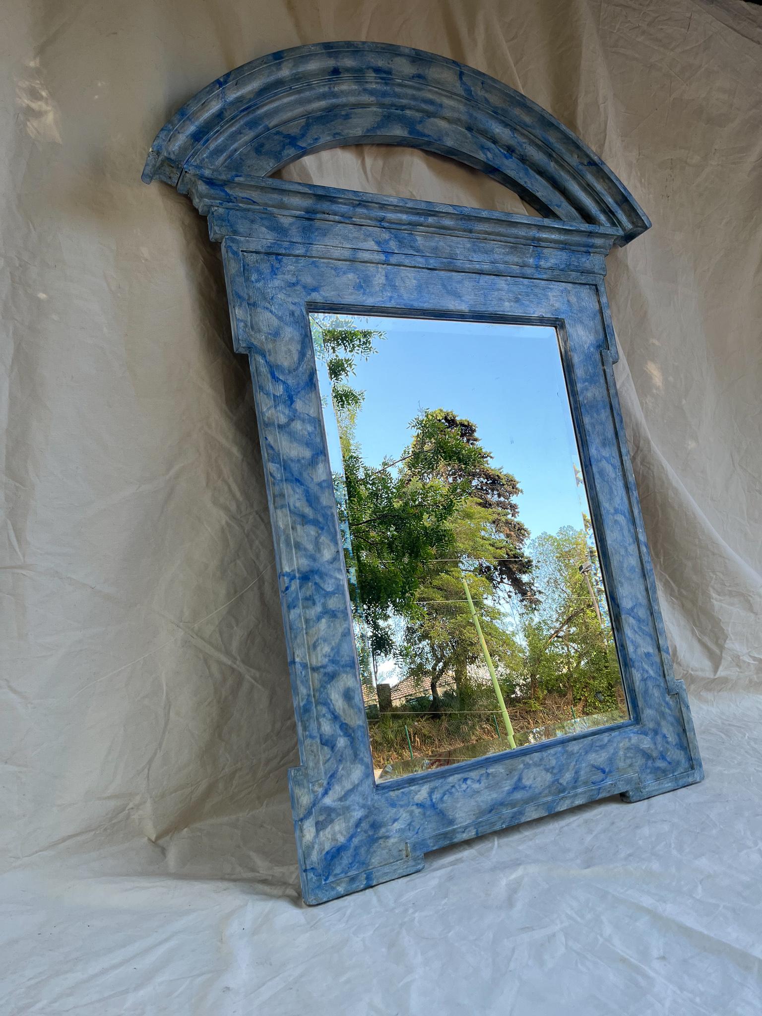 20th Century Portuguese Mirror painted in blue and white with marbling technique.