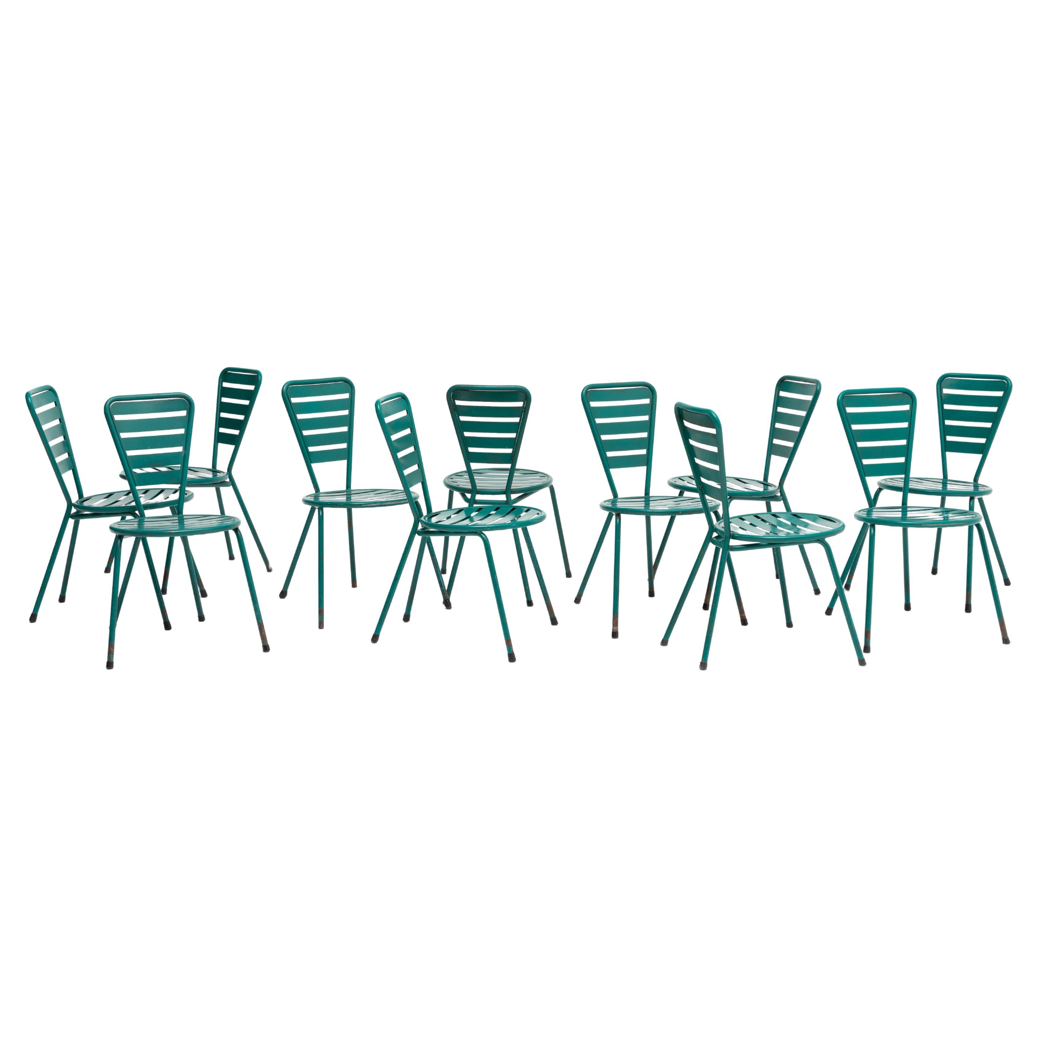 20th Century Portuguese Set of Eleven Green Lacquered Iron Chairs