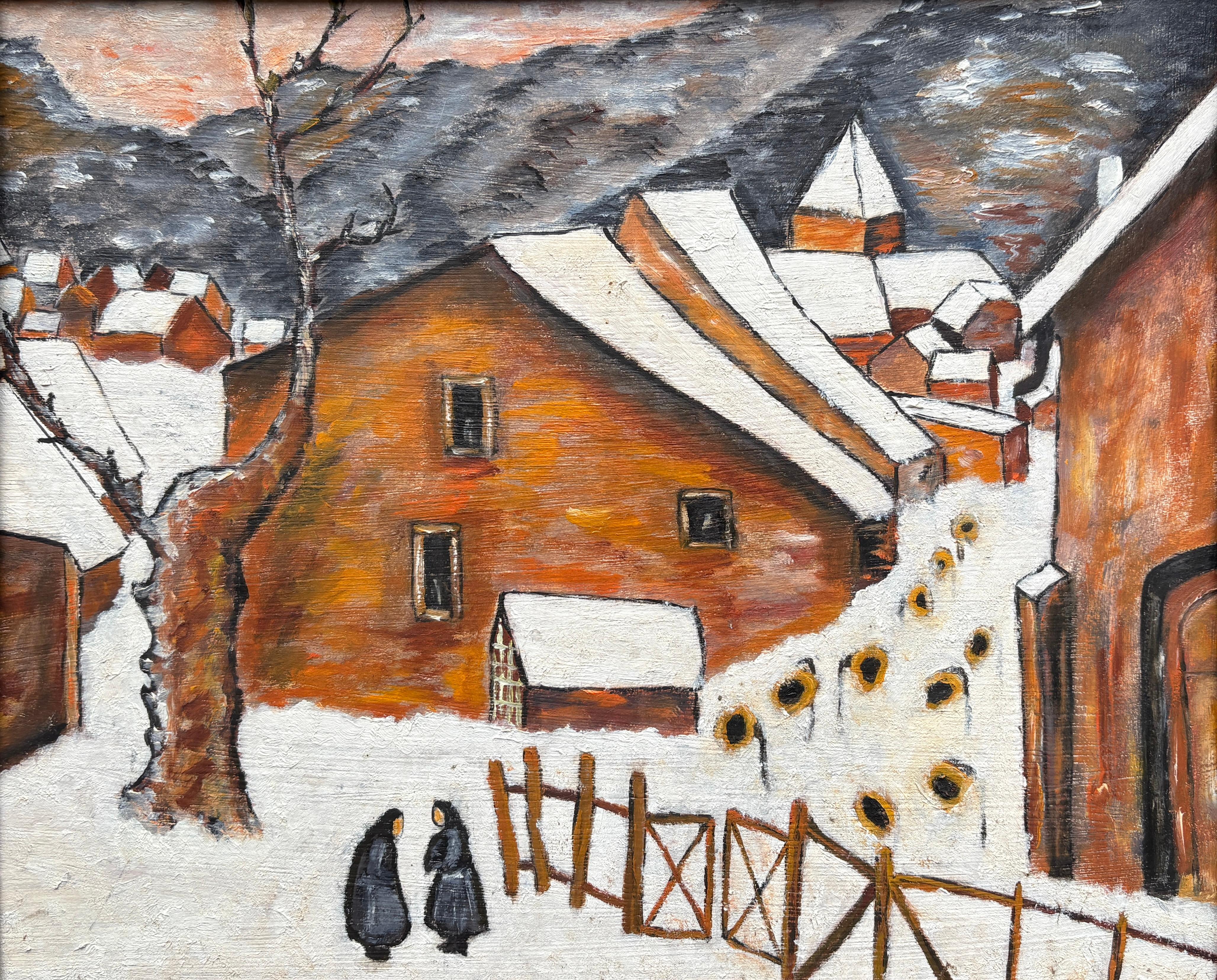 Ein fesselndes Ölgemälde aus Frankreich, das wahrscheinlich aus der ersten Hälfte des 20. Jahrhunderts stammt und eine heitere Winterlandschaft mit kubistischen und surrealistischen Zügen zeigt. Schneebedeckte Dächer werden mit geometrischen,