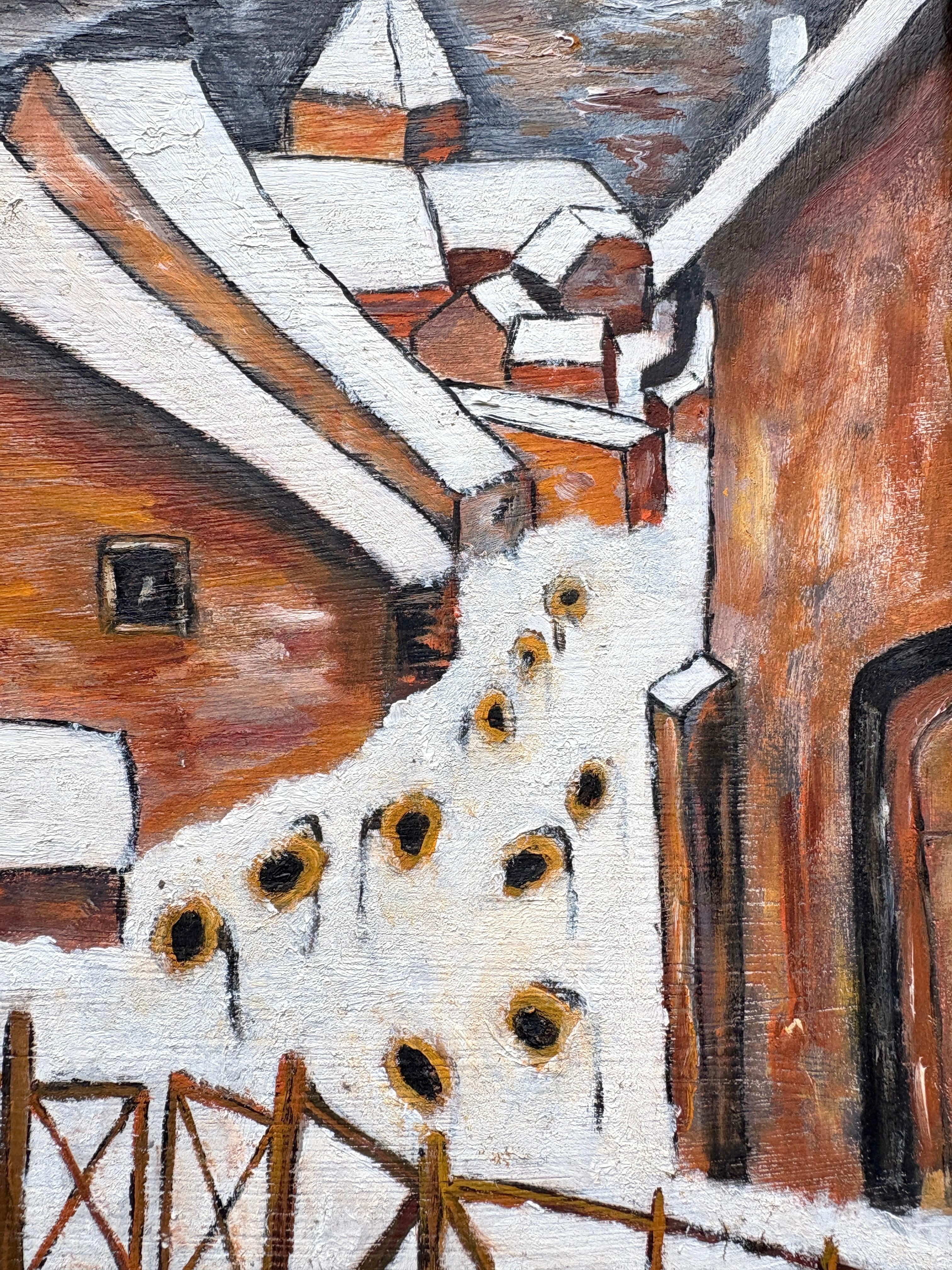 Postimpressionistisches französisches Ölgemälde des 20. Jahrhunderts mit winterlicher Dorfszene (Handbemalt) im Angebot