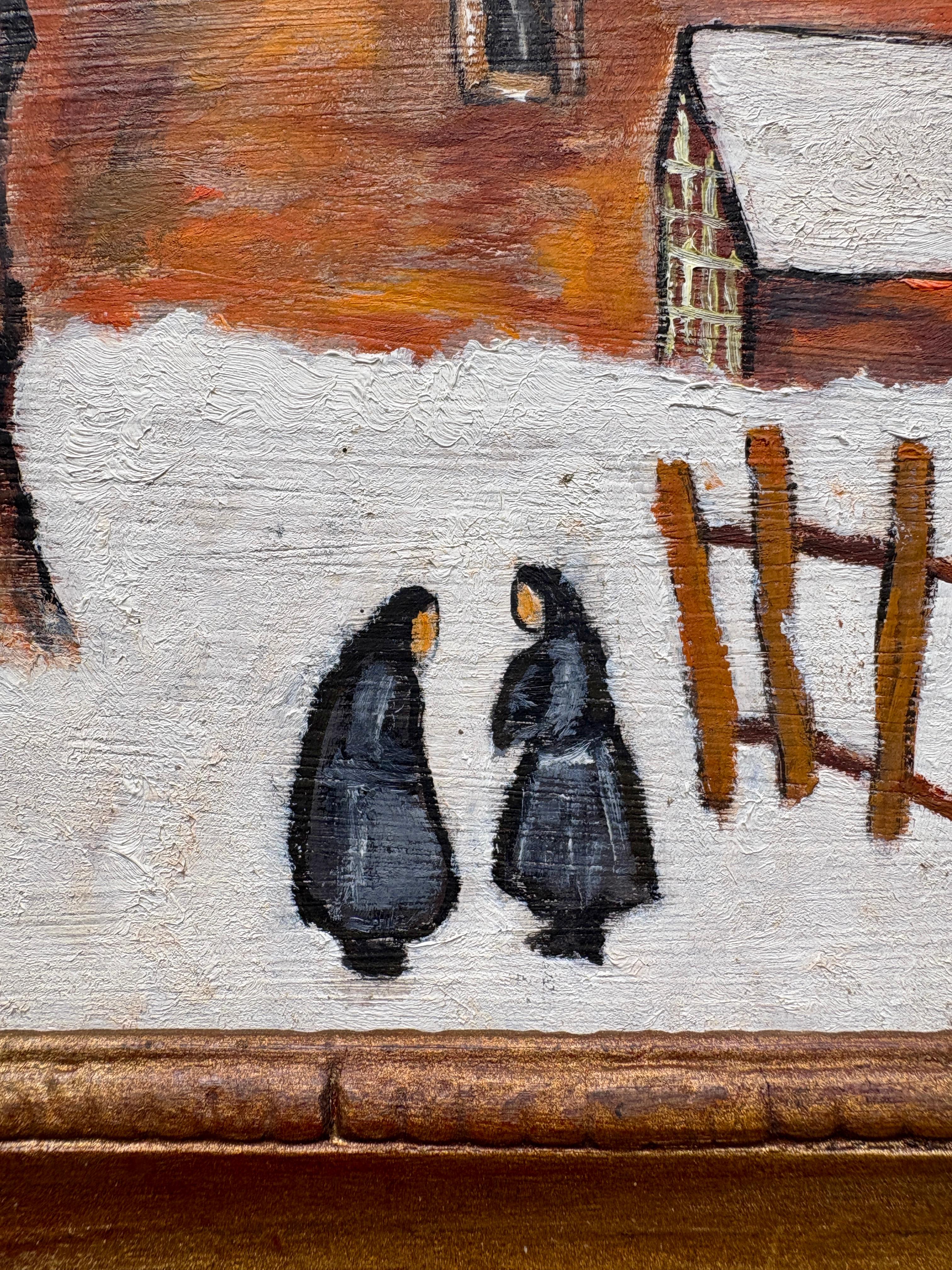 Postimpressionistisches französisches Ölgemälde des 20. Jahrhunderts mit winterlicher Dorfszene im Zustand „Gut“ im Angebot in COLMAR, FR