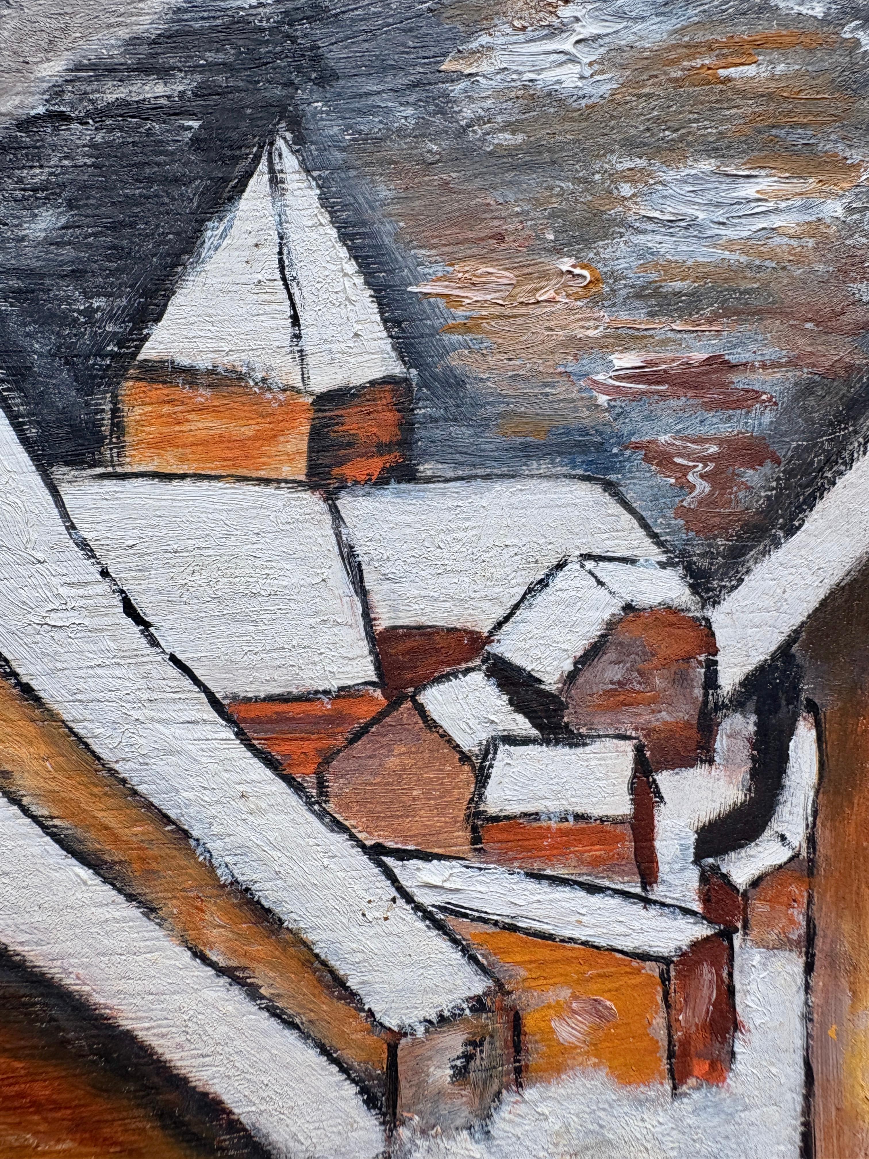 Postimpressionistisches französisches Ölgemälde des 20. Jahrhunderts mit winterlicher Dorfszene (Holz) im Angebot