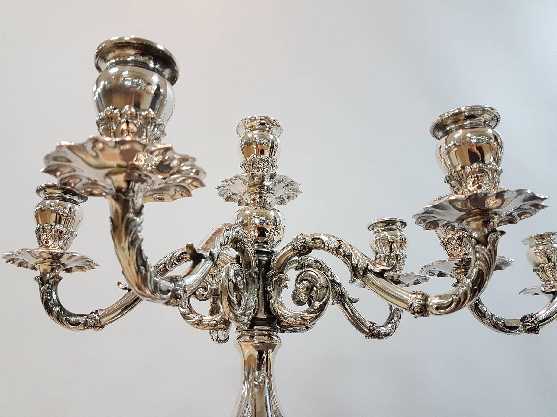 Mid-20th Century 20th Century Pair of Italian Silver Baroque Revival Six-Lights Candelabras