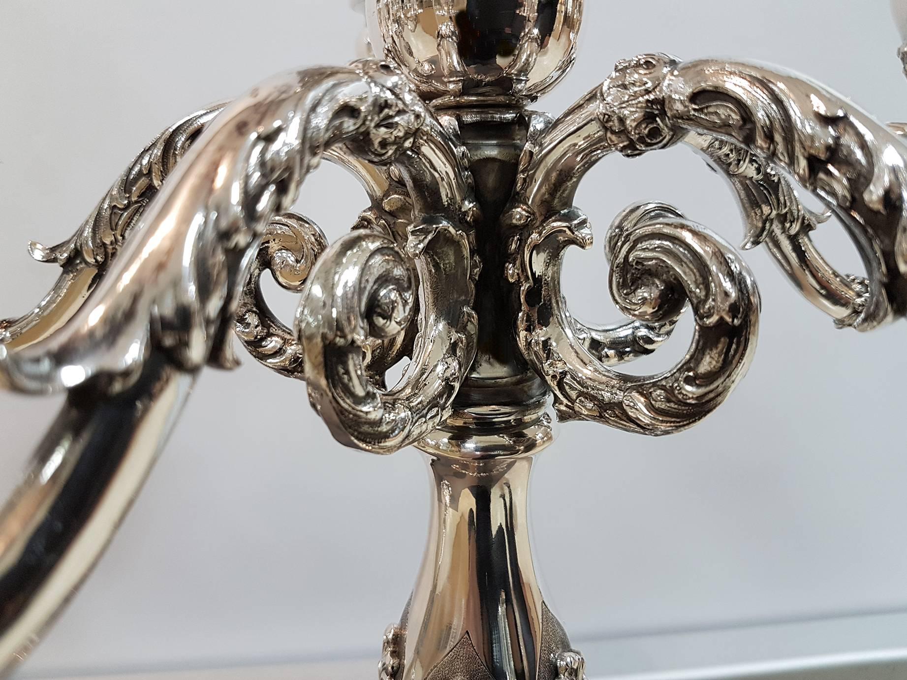 20th Century Pair of Italian Silver Baroque Revival Six-Lights Candelabras 1