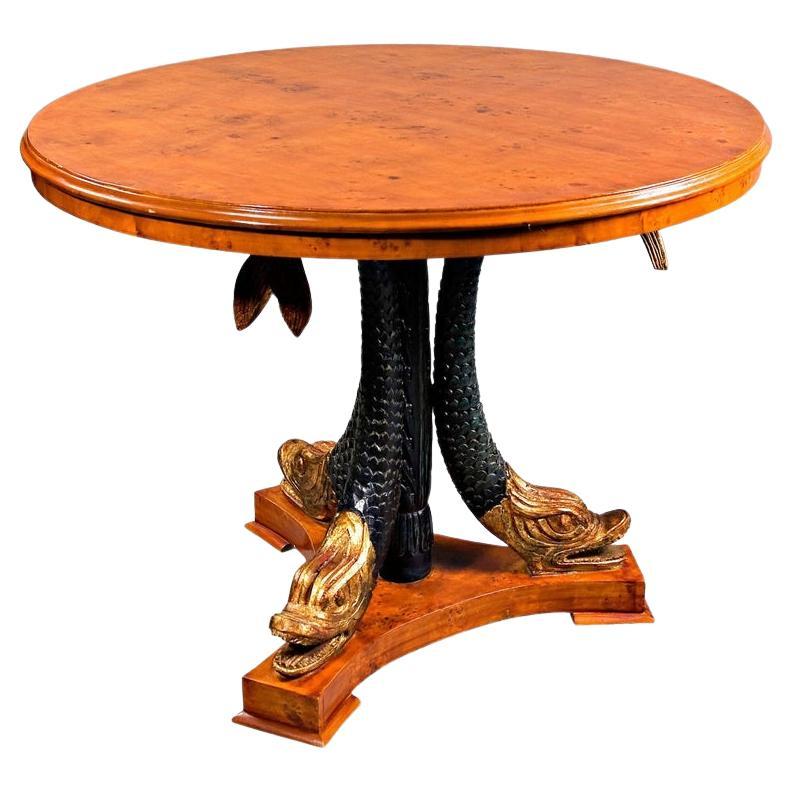 20th Century Primal Table with Carved Dolphins Antique Empire Style Maple Veneer