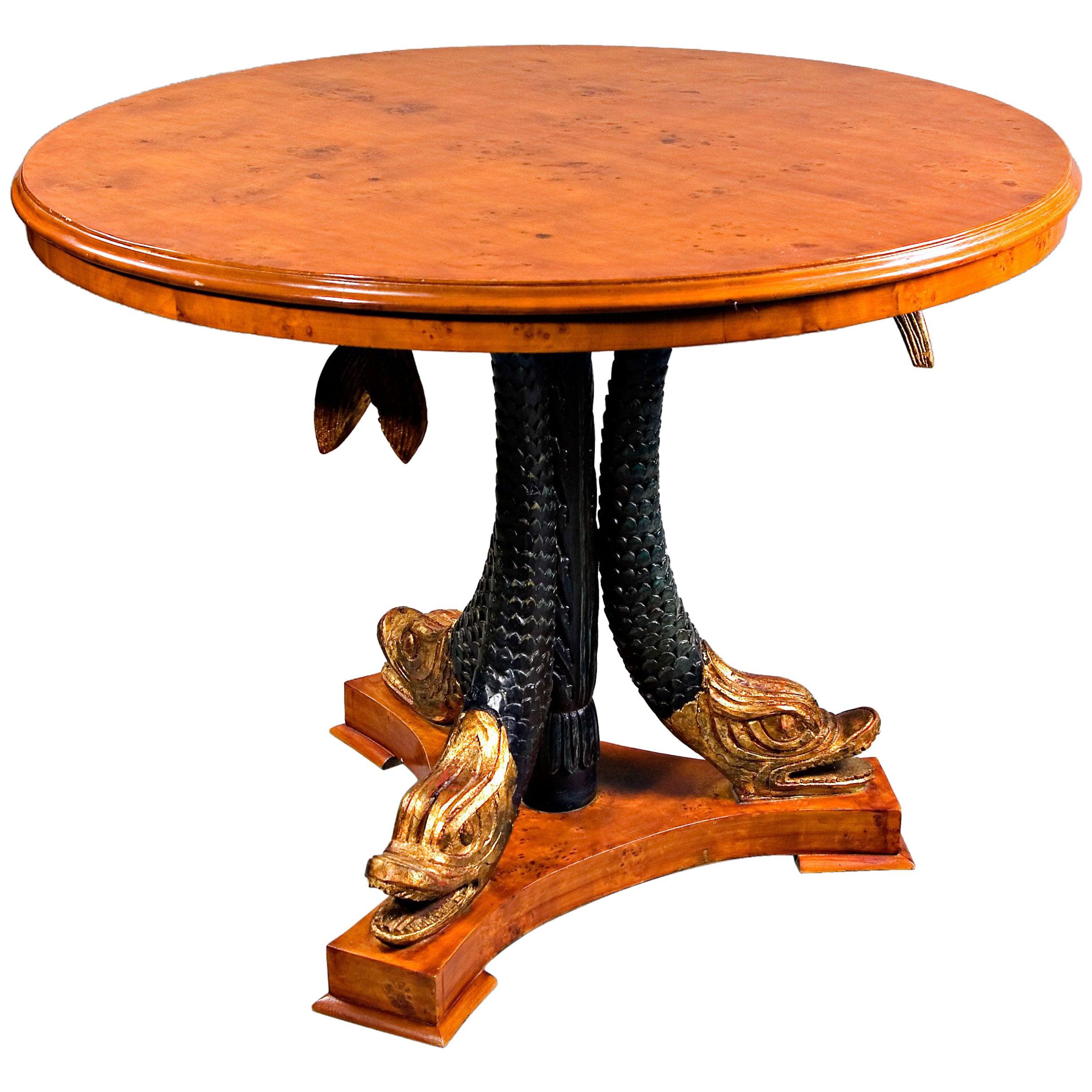 20th Century Primal Table with Carved Dolphins Antique Empire Style Maple veneer