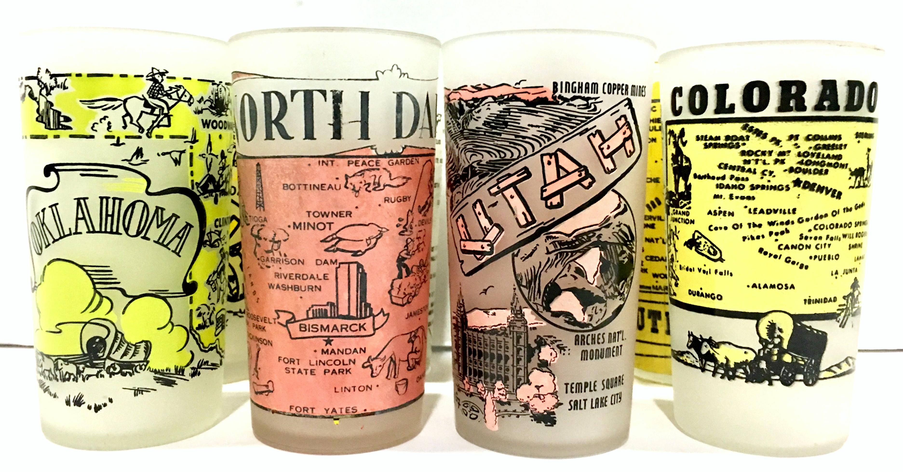 Mid-20th Century USA State Souvenir printed and frosted drink glasses, set of eight pieces. Set includes, Oklahoma, Colorado, Arizona, North Dakota, Utah, Sun Valley (Utah), Nevada and South Dakota.