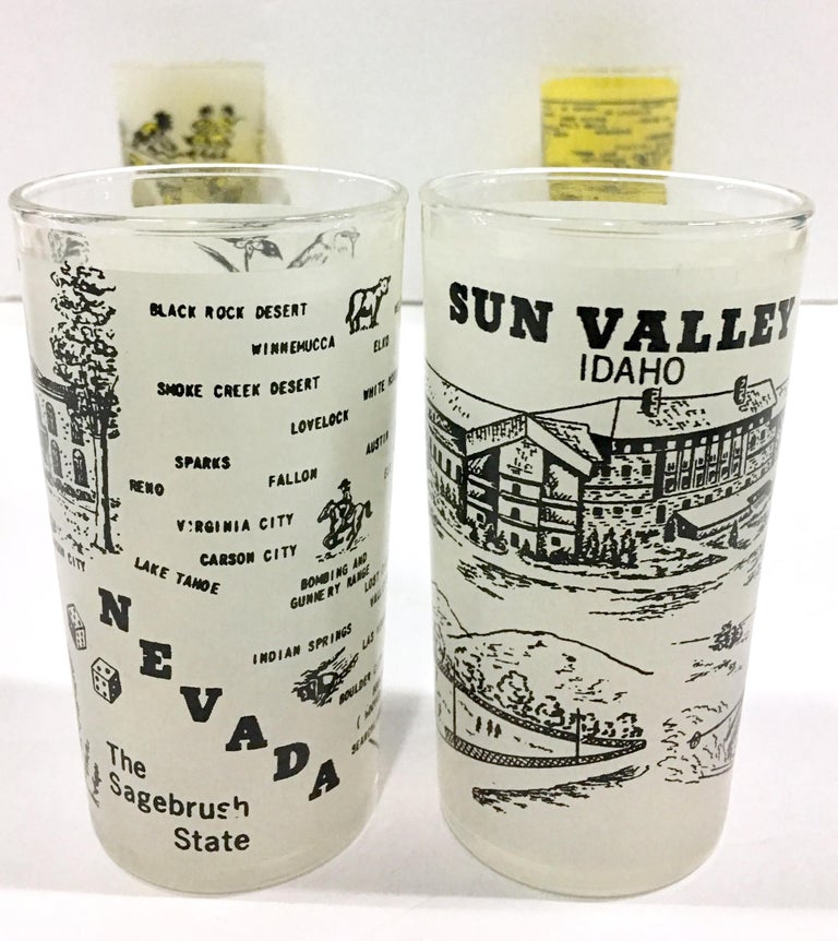 20th Century Printed and Frosted Souvenir "State" Drink Glasses Set of