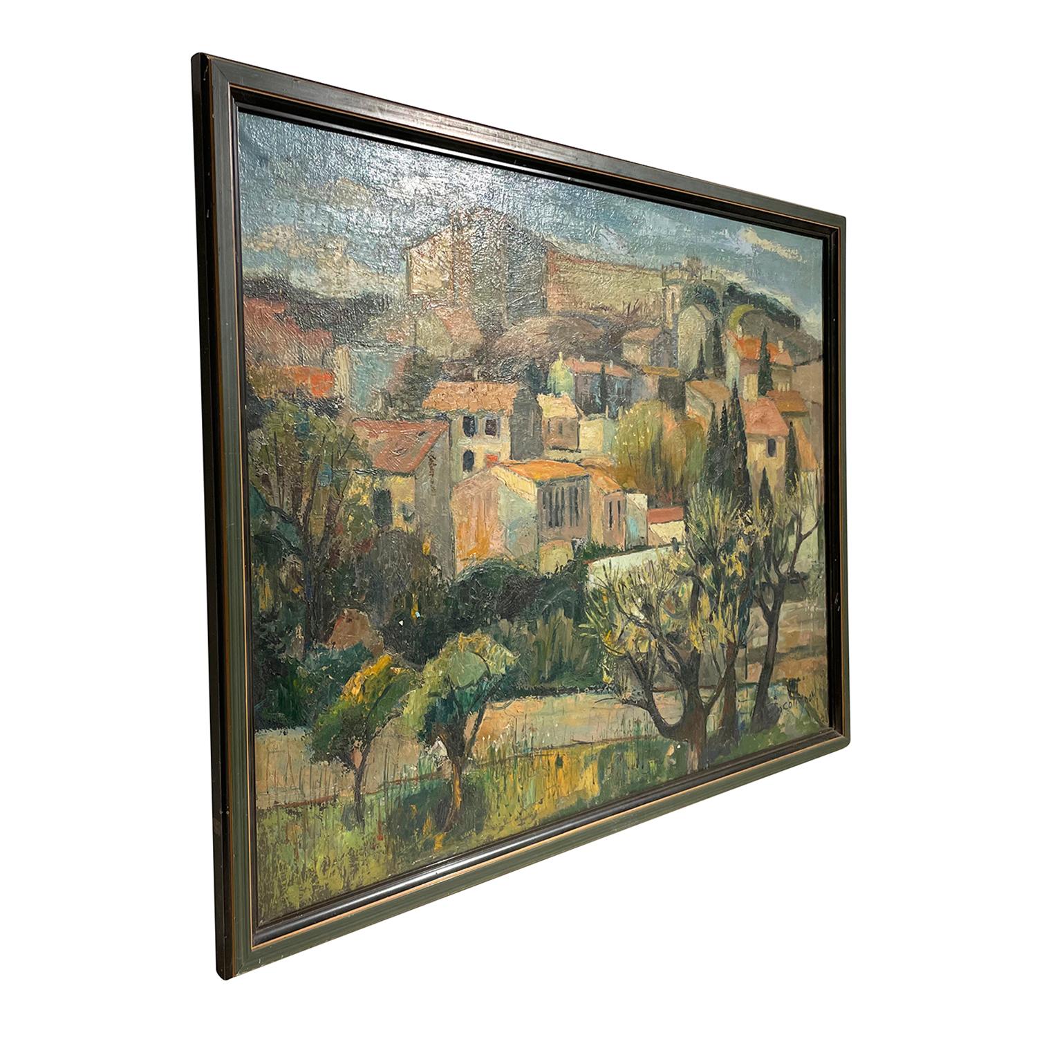 Un paysage provençal français ancien vert foncé, jaune, peinture à l'huile sur toile, représentant une journée ensoleillée dans une petite ville, très probablement en Provence, peint par Eugène Colignon dans un cadre en bois original fait à la main,