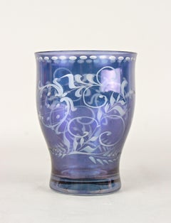 20th Century Purple/ Blue Iridescent Glass Vase/ Tumbler, Engraved, CZ ca. 1920
