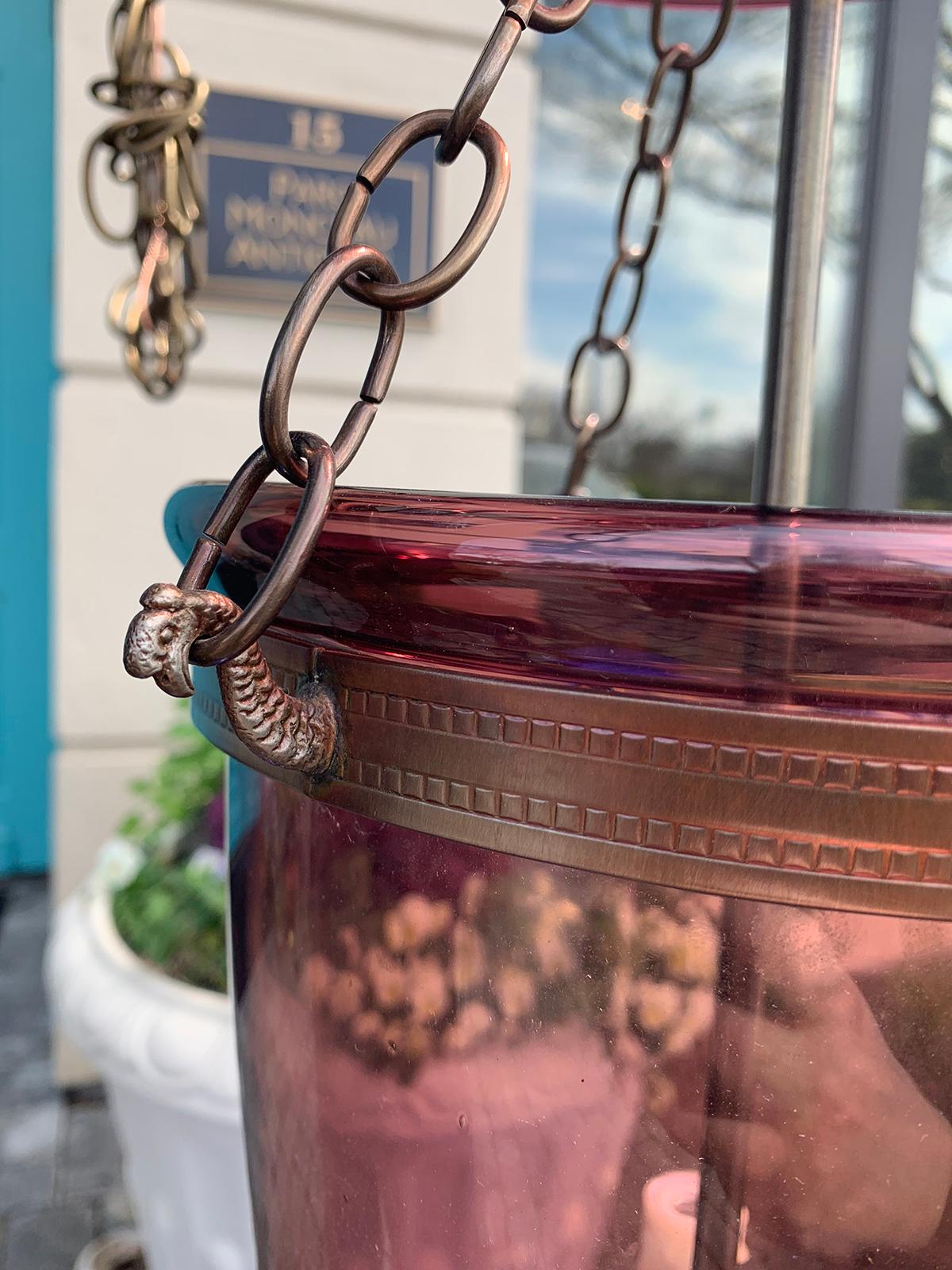 20th Century Purple Glass Belljar Three-Light Lantern im Zustand „Gut“ in Atlanta, GA