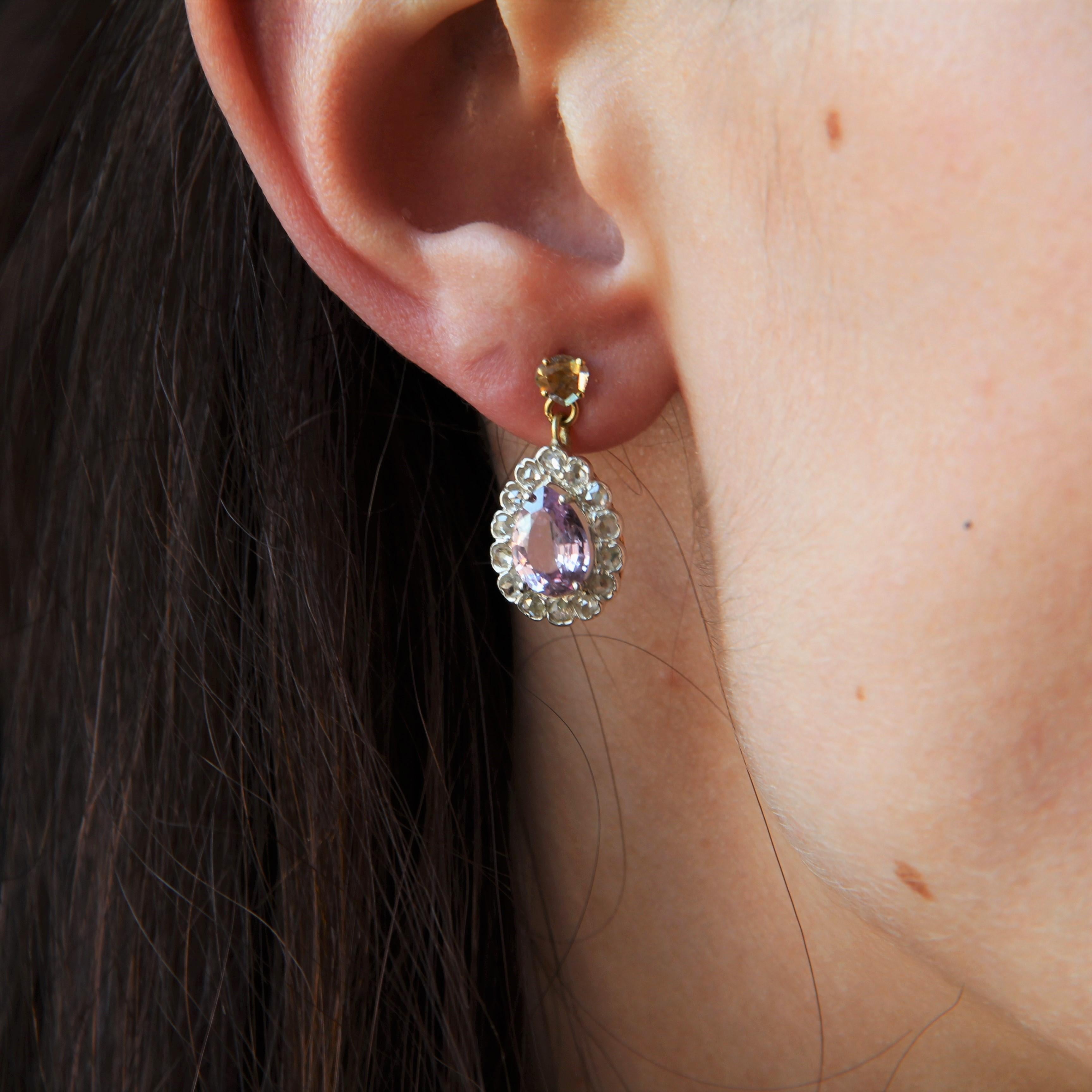 20th Century Purple Sapphires Rose Cut Diamonds 18 Karat Yellow Gold Earrings For Sale 4