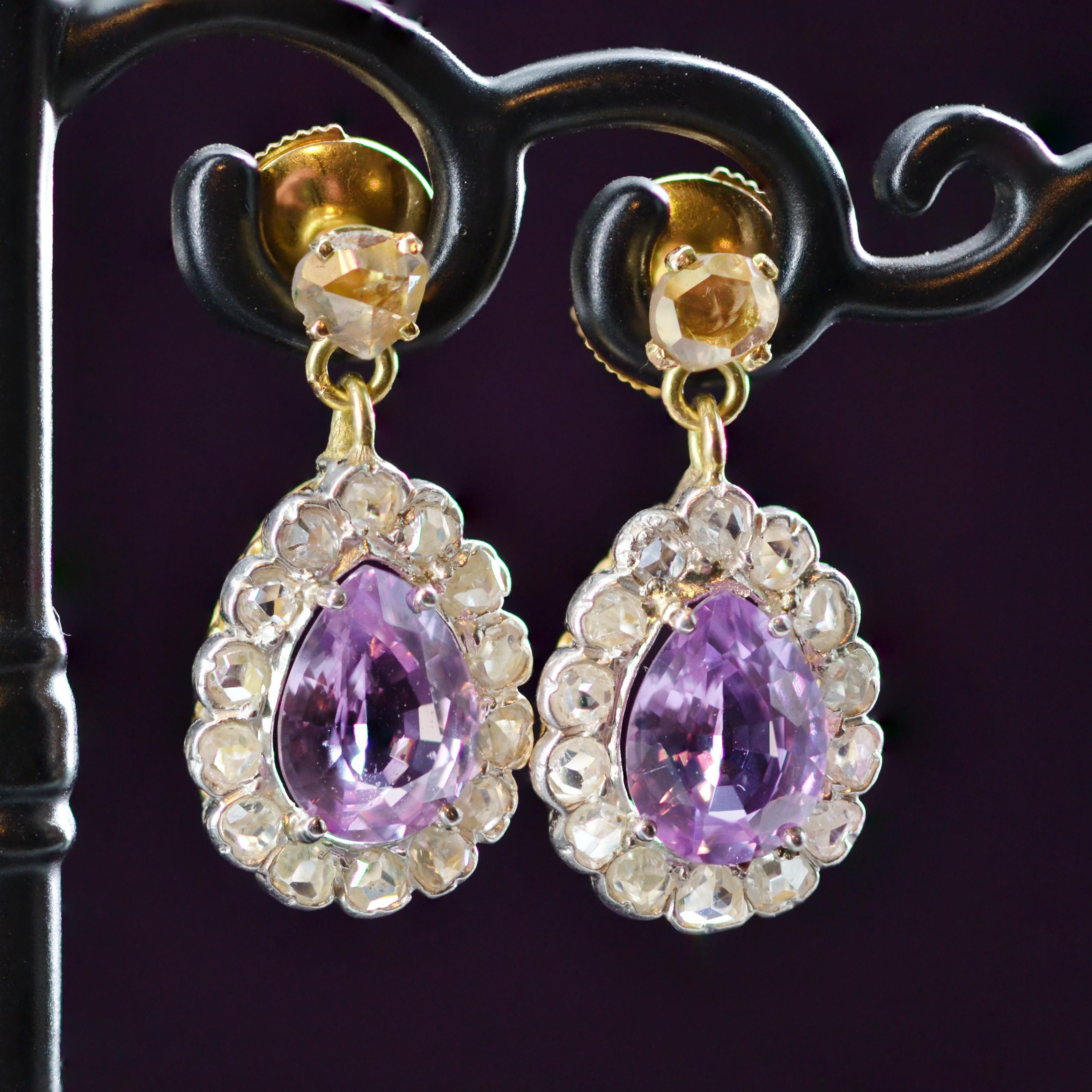 Belle Époque 20th Century Purple Sapphires Rose Cut Diamonds 18 Karat Yellow Gold Earrings For Sale
