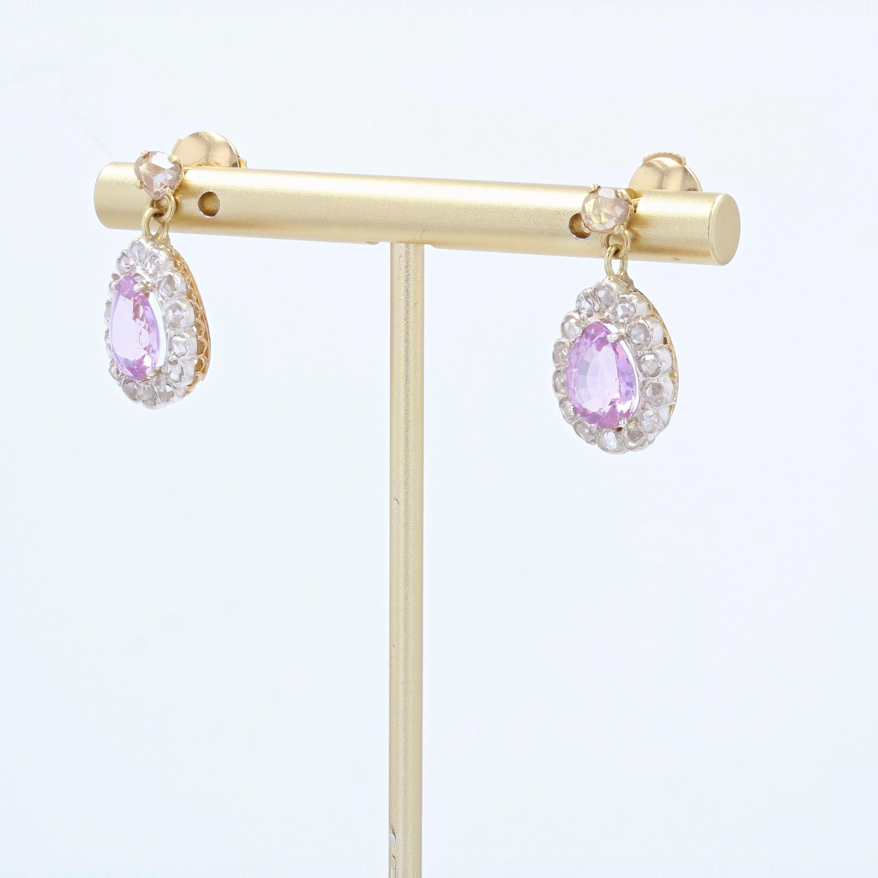 Pear Cut 20th Century Purple Sapphires Rose Cut Diamonds 18 Karat Yellow Gold Earrings For Sale