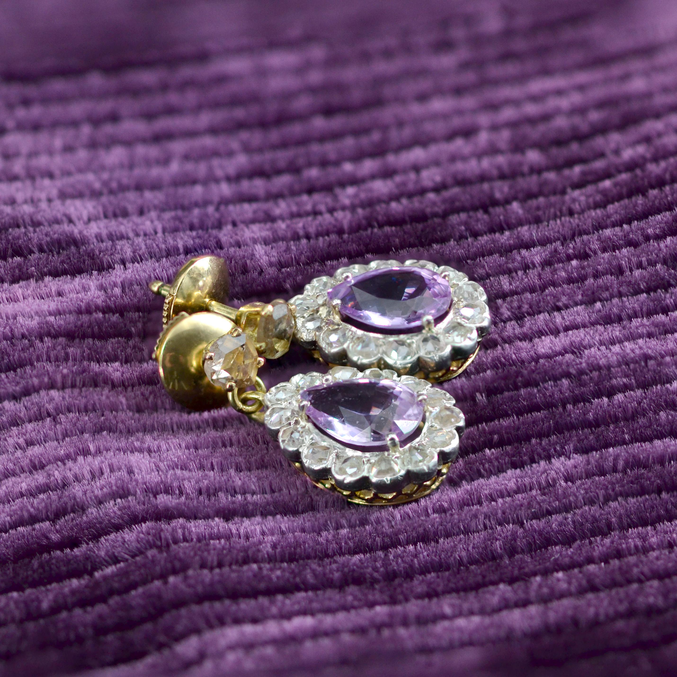 Women's 20th Century Purple Sapphires Rose Cut Diamonds 18 Karat Yellow Gold Earrings For Sale