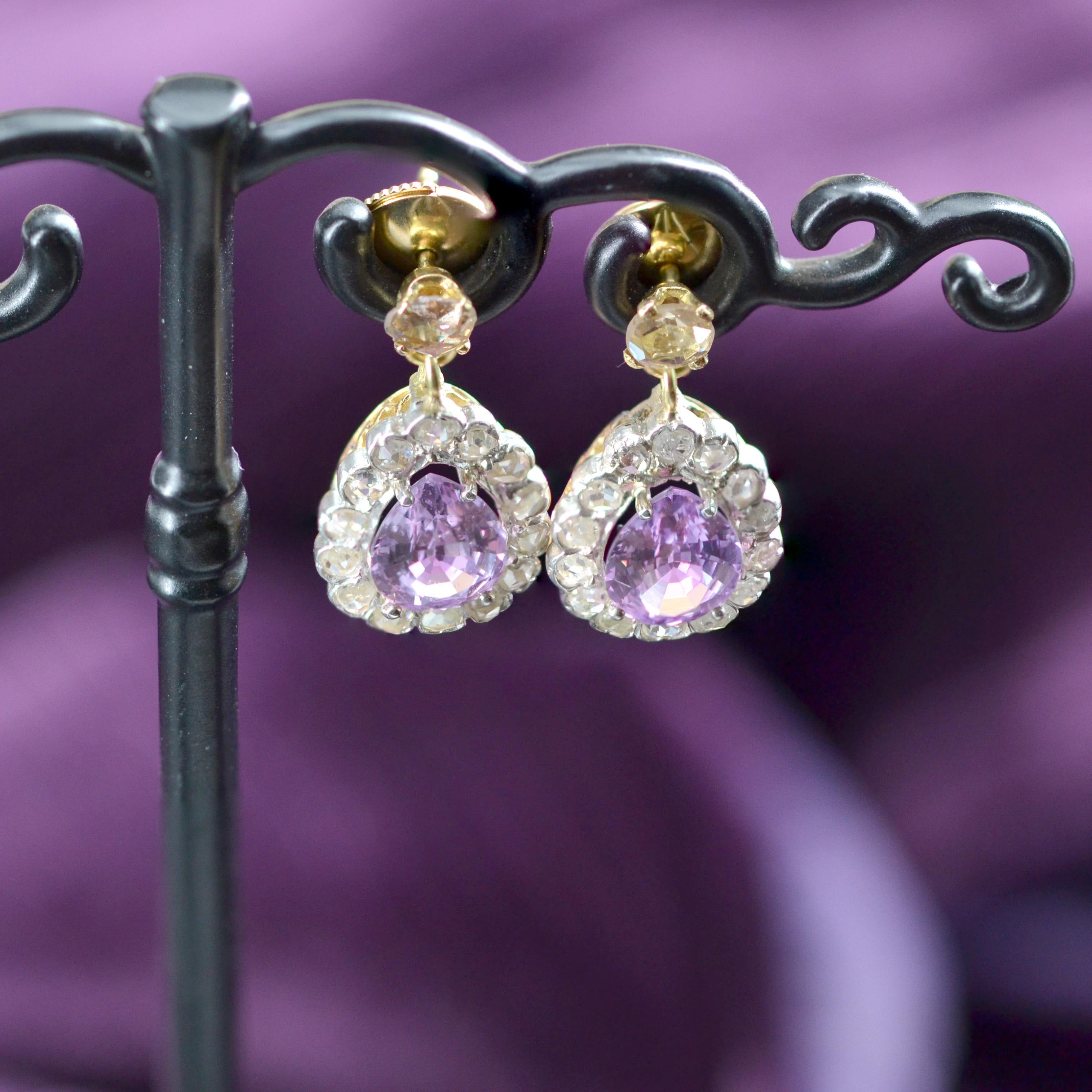 20th Century Purple Sapphires Rose Cut Diamonds 18 Karat Yellow Gold Earrings For Sale 3