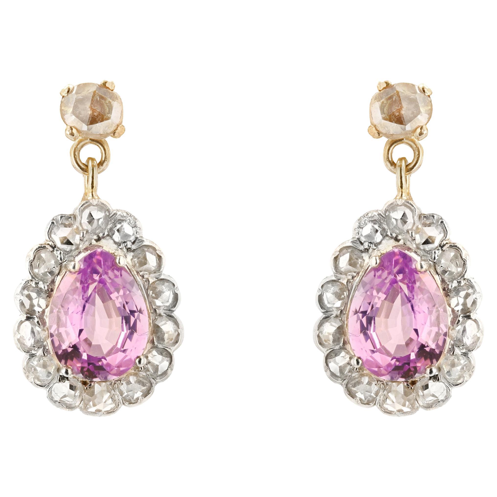 20th Century Purple Sapphires Rose Cut Diamonds 18 Karat Yellow Gold Earrings For Sale