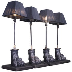 Vintage 20th Century Quartet of Cast Iron, Reeded Brass Lion Paw Table Lamps