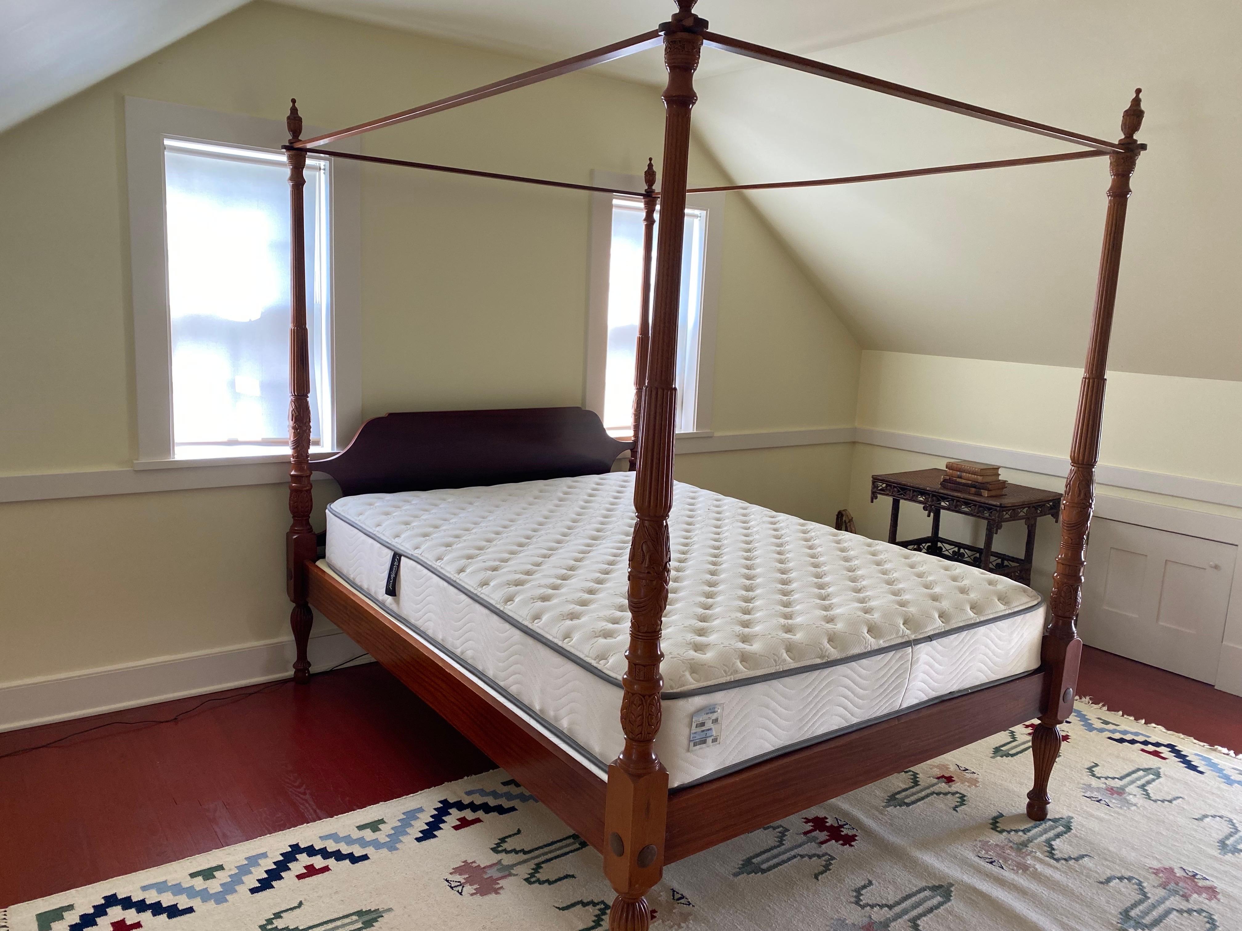 Carved 20th Century Queen Size Four Poster Canopy Bed with Rails For Sale