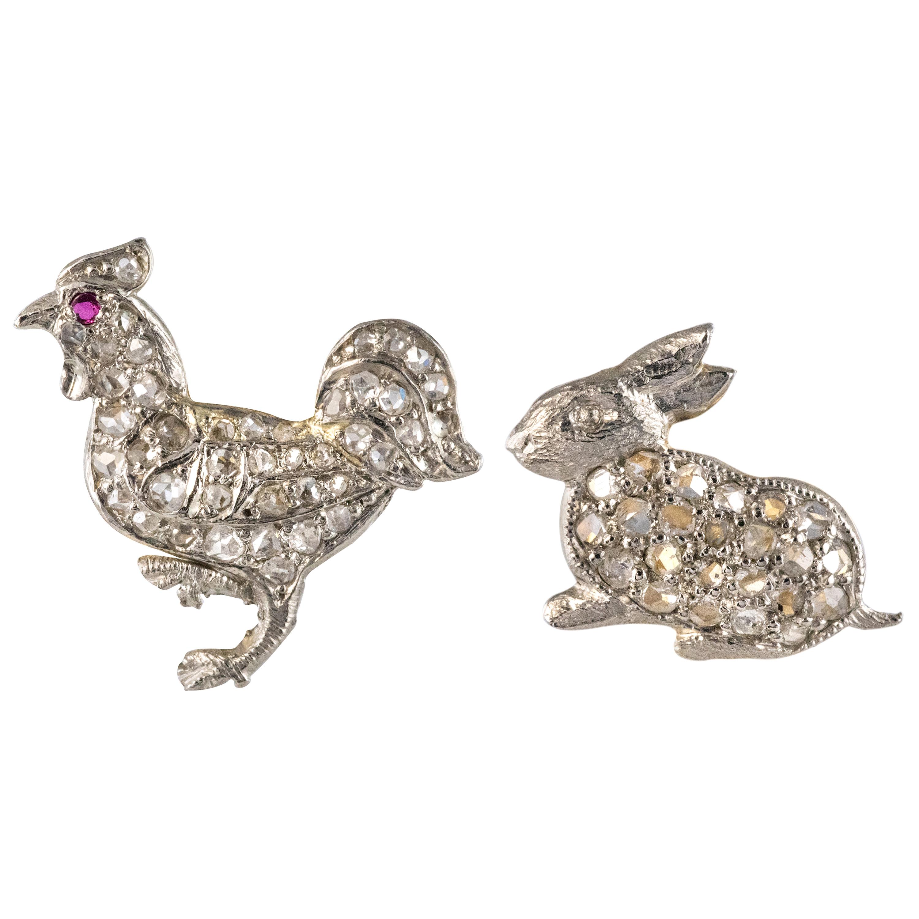 20th Century Rabbit and Rooster Diamonds Stud Earrings