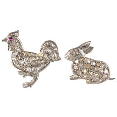 Antique 20th Century Rabbit and Rooster Diamonds Stud Earrings