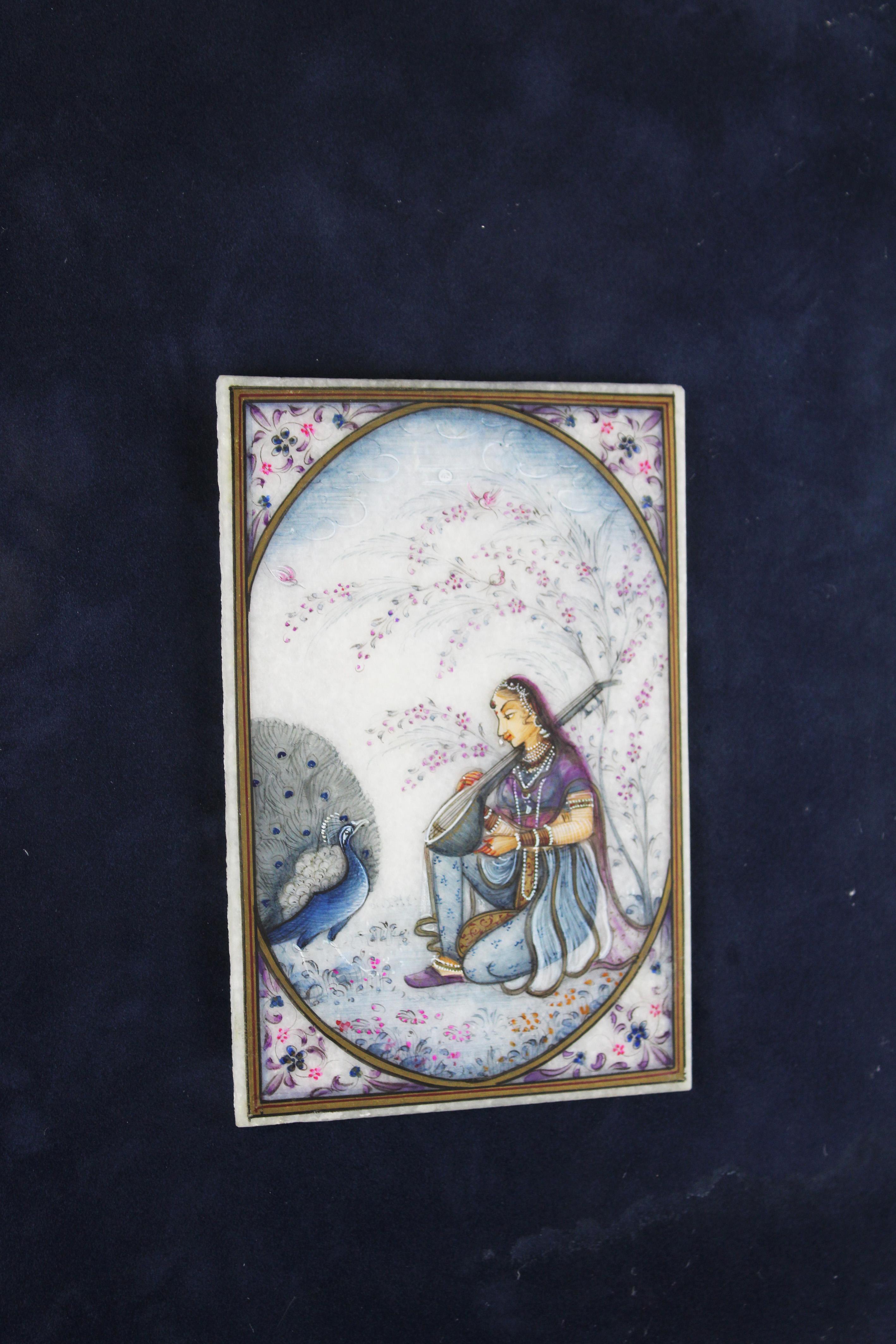 Indian 20th Century Ragamala Miniature on white Marble Rajasthan Framed India For Sale