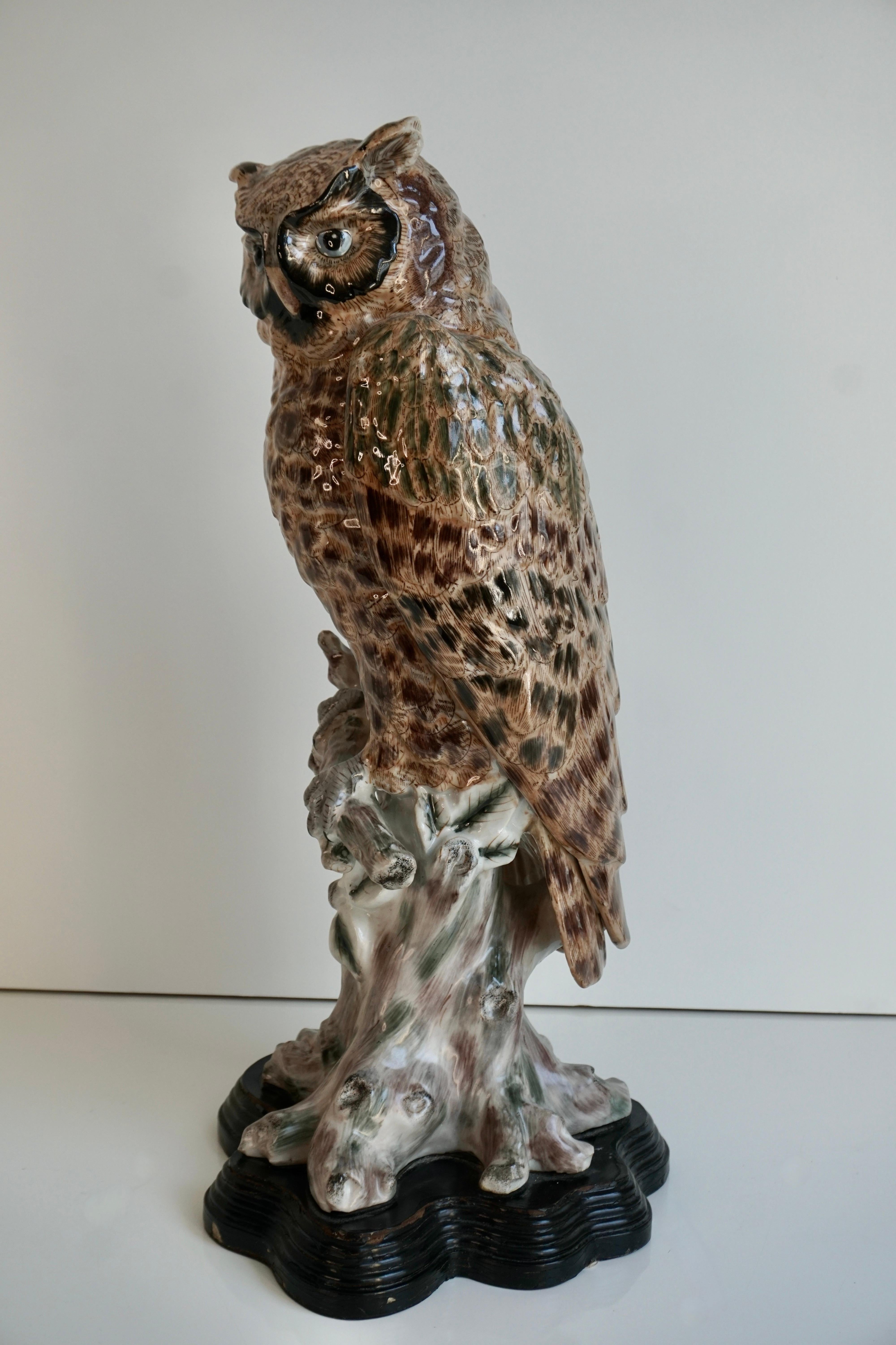 European 20th Century Rare and Mint Condition Brown Glazed Ceramic Barn Owl Sculpture For Sale