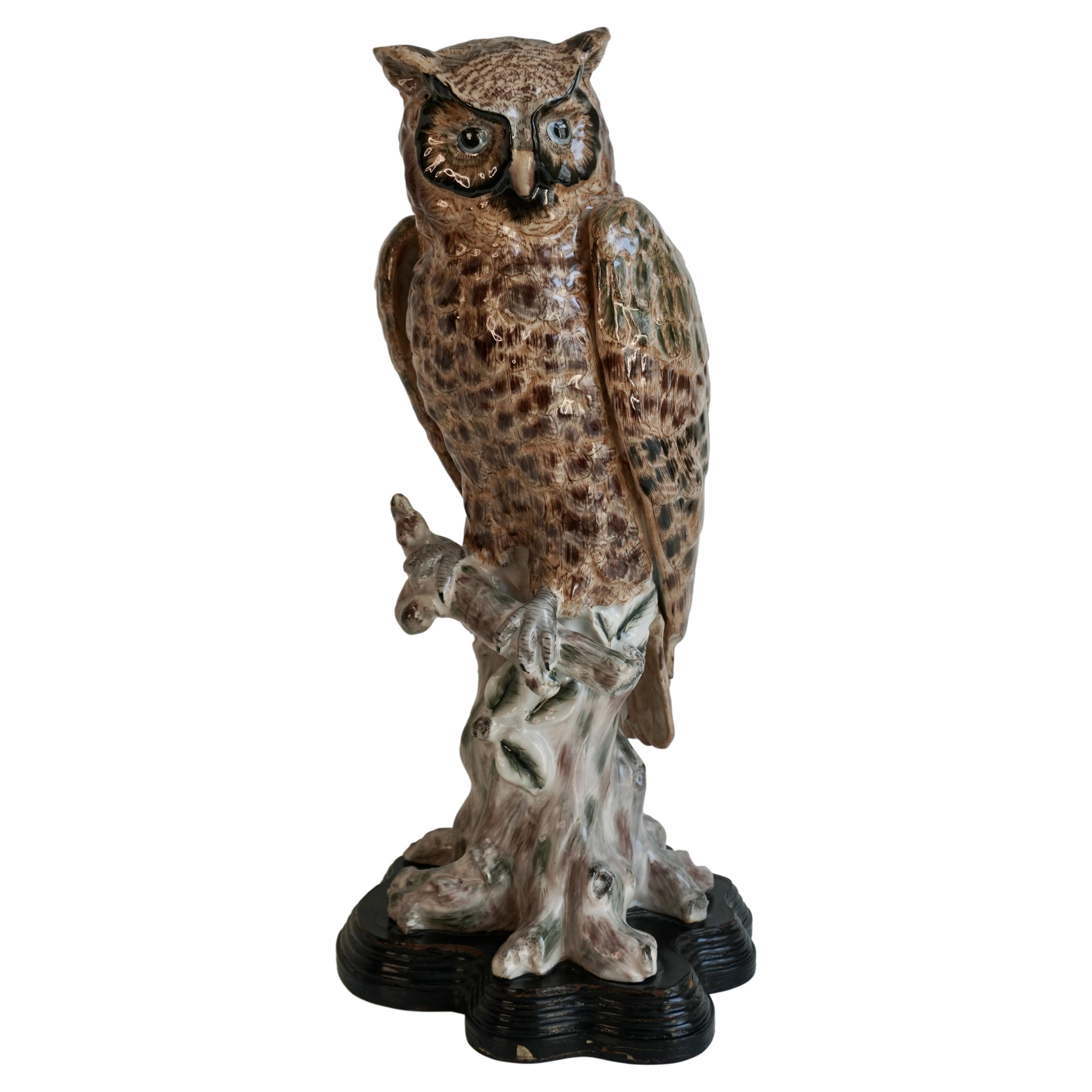 20th Century Rare and Mint Condition Brown Glazed Ceramic Barn Owl Sculpture For Sale