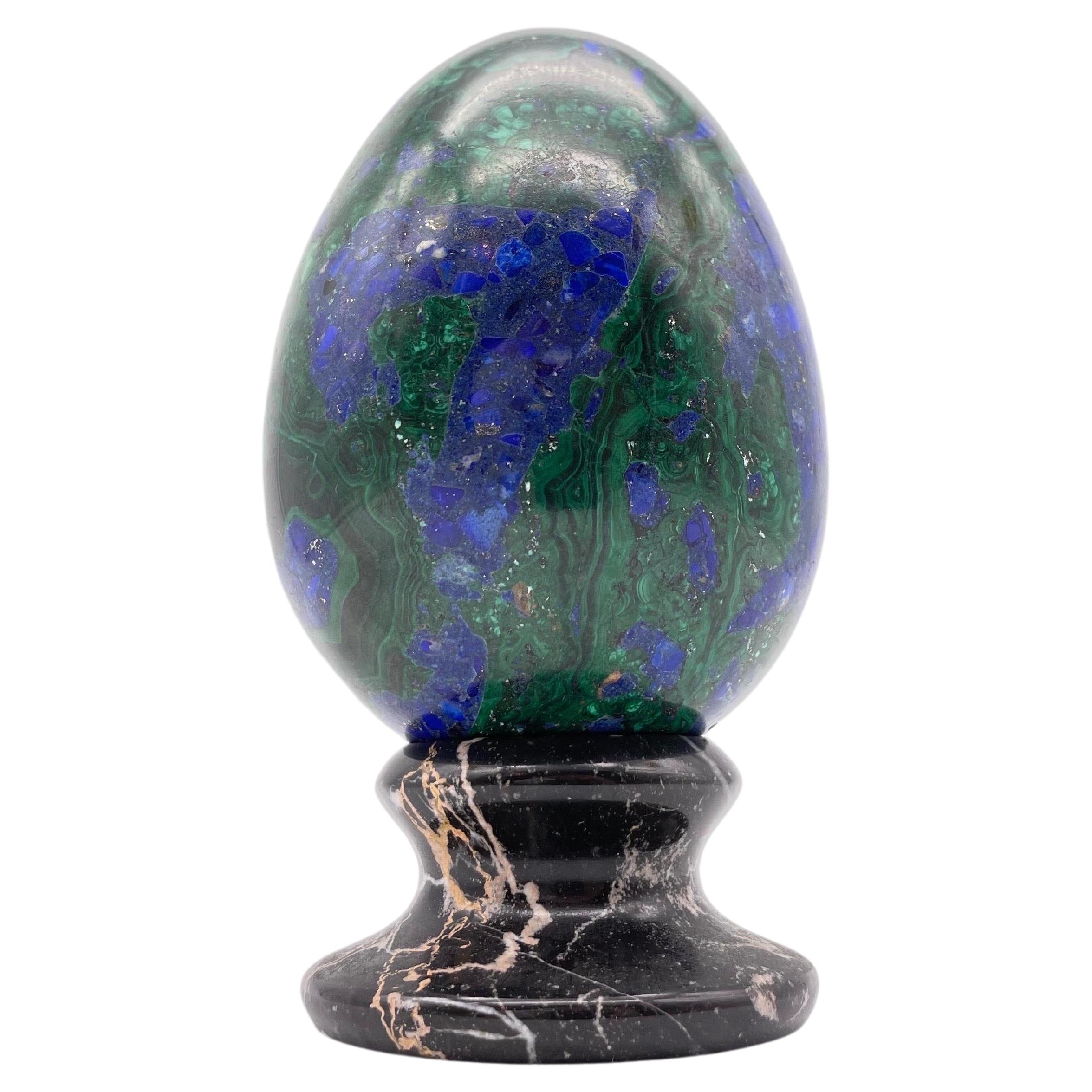 20th Century Rare Azurite Mineral Egg on Marble Base