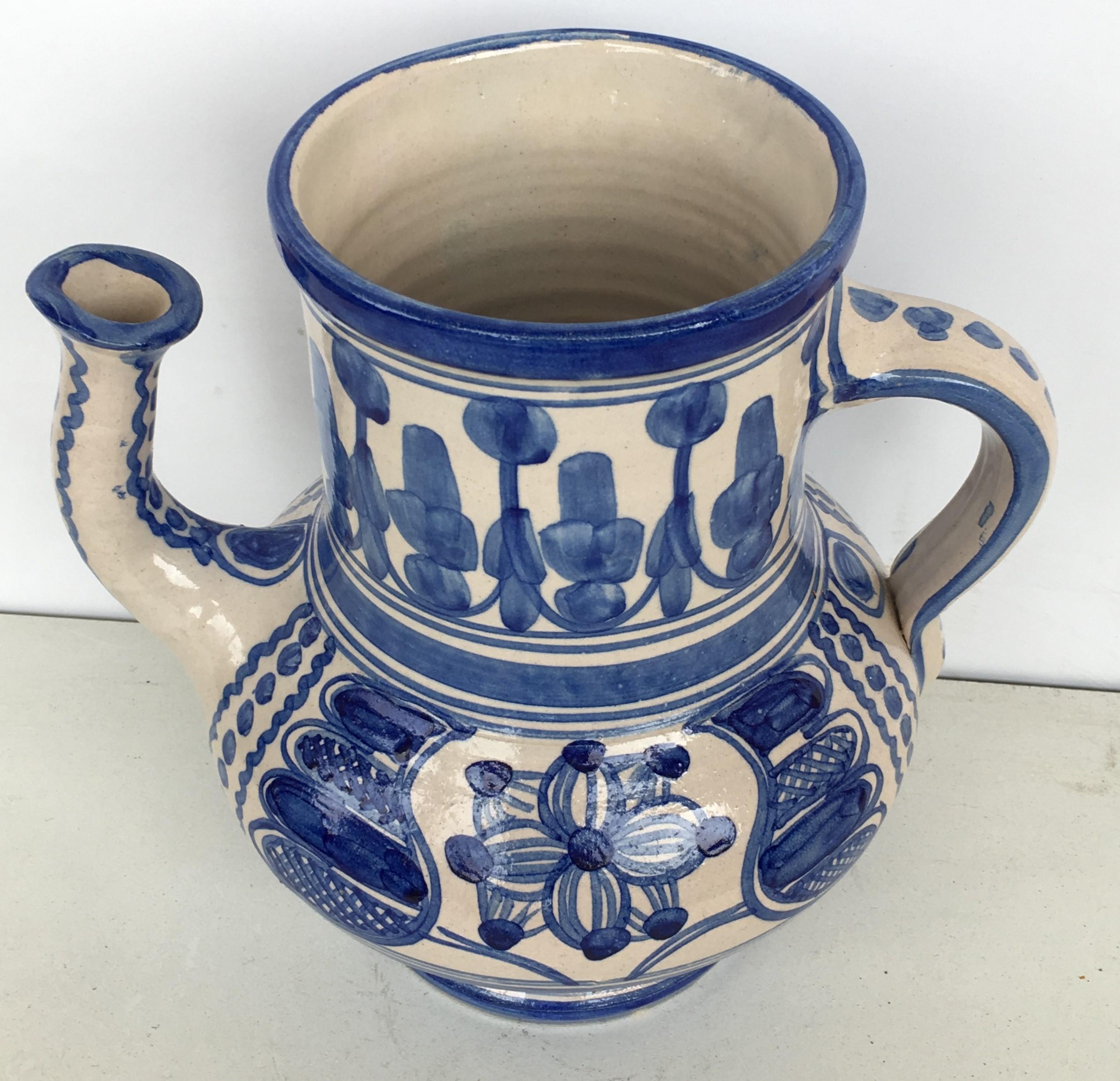 Spanish Colonial 20th Century Rare Glazed Earthenware Spanish Blue and White Pitcher
