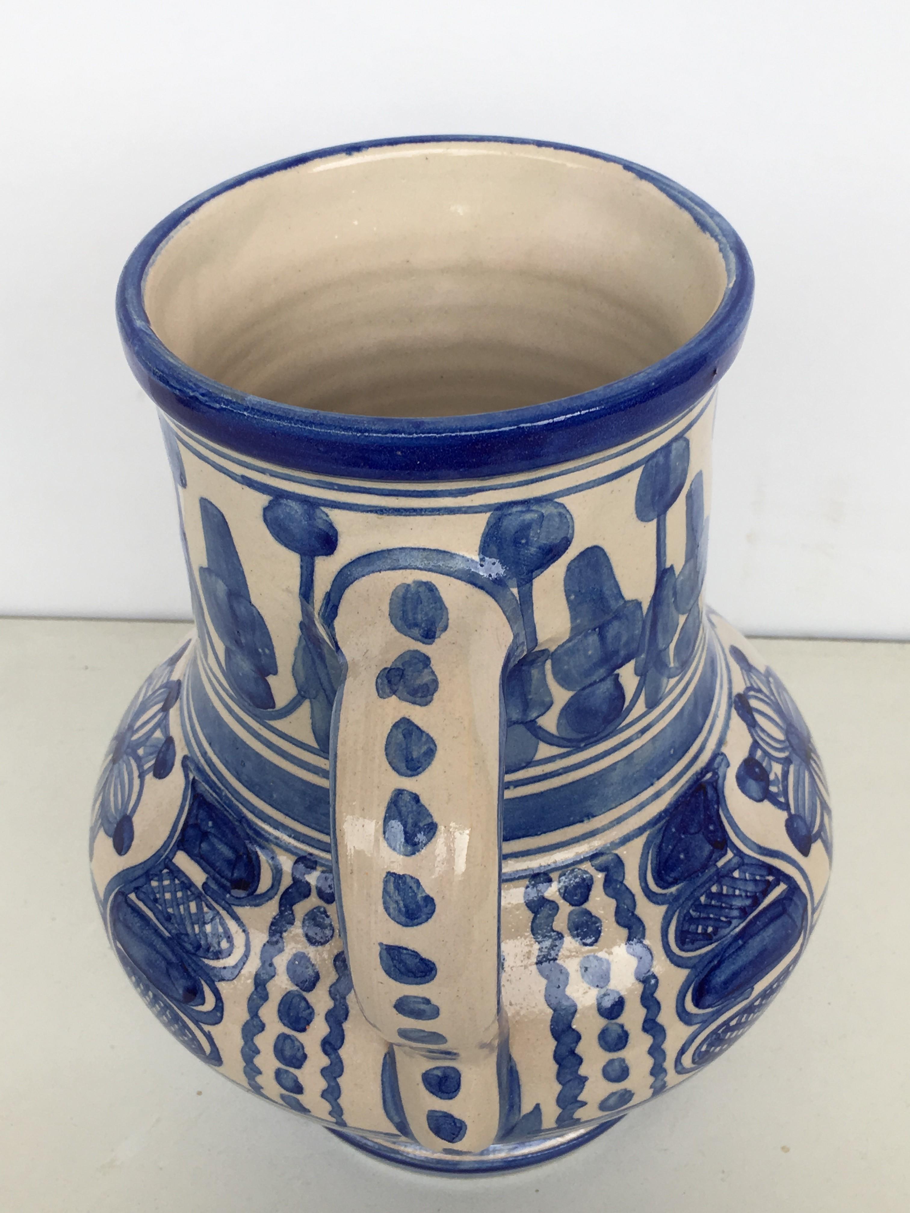 20th Century Rare Glazed Earthenware Spanish Blue and White Pitcher 1