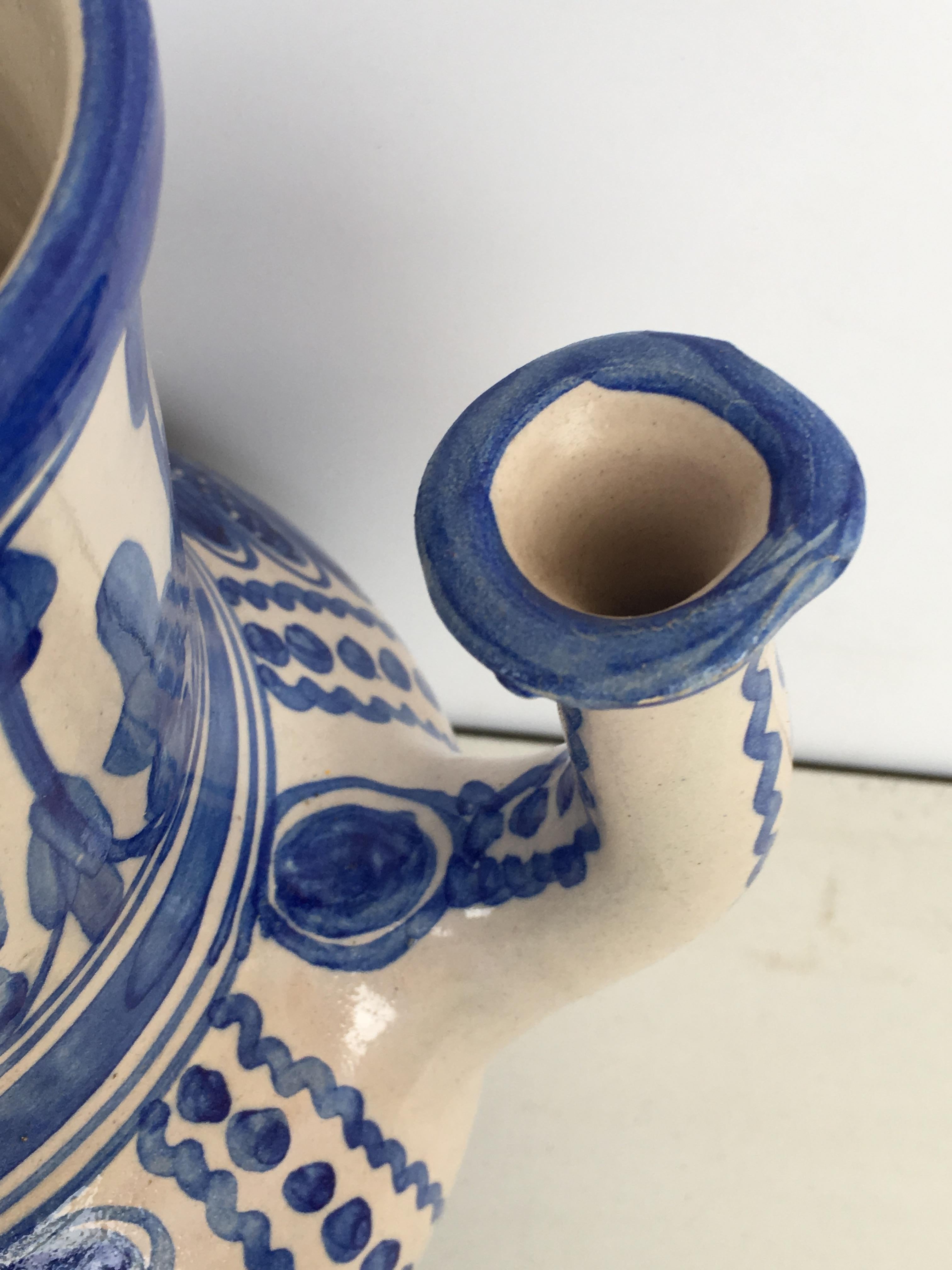 20th Century Rare Glazed Earthenware Spanish Blue and White Pitcher 2