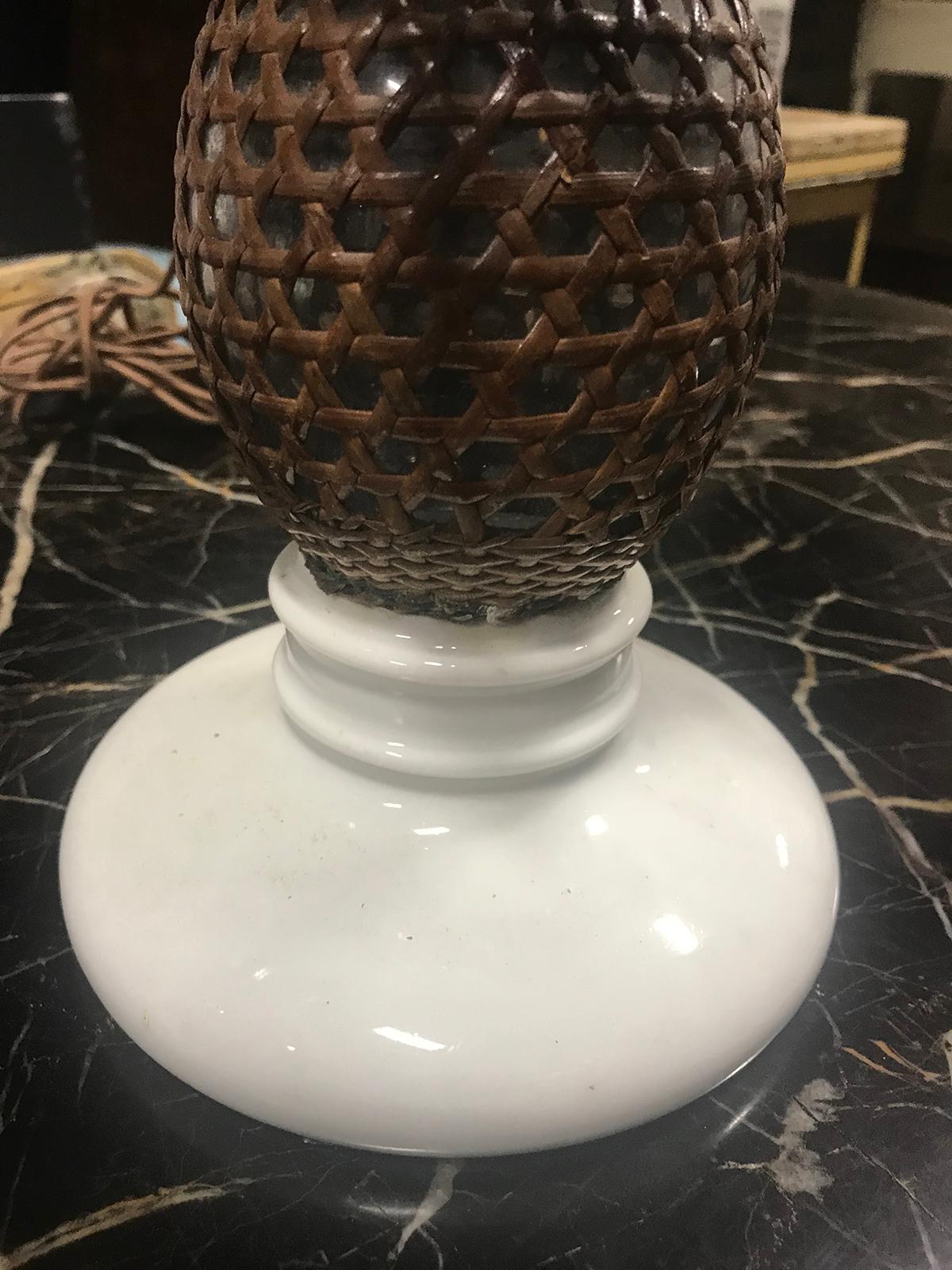 20th Century Rattan Covered Glass Seltzer Bottle as Lamp, White Ceramic Base For Sale 5