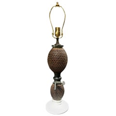 20th Century Rattan Covered Glass Seltzer Bottle as Lamp, White Ceramic Base