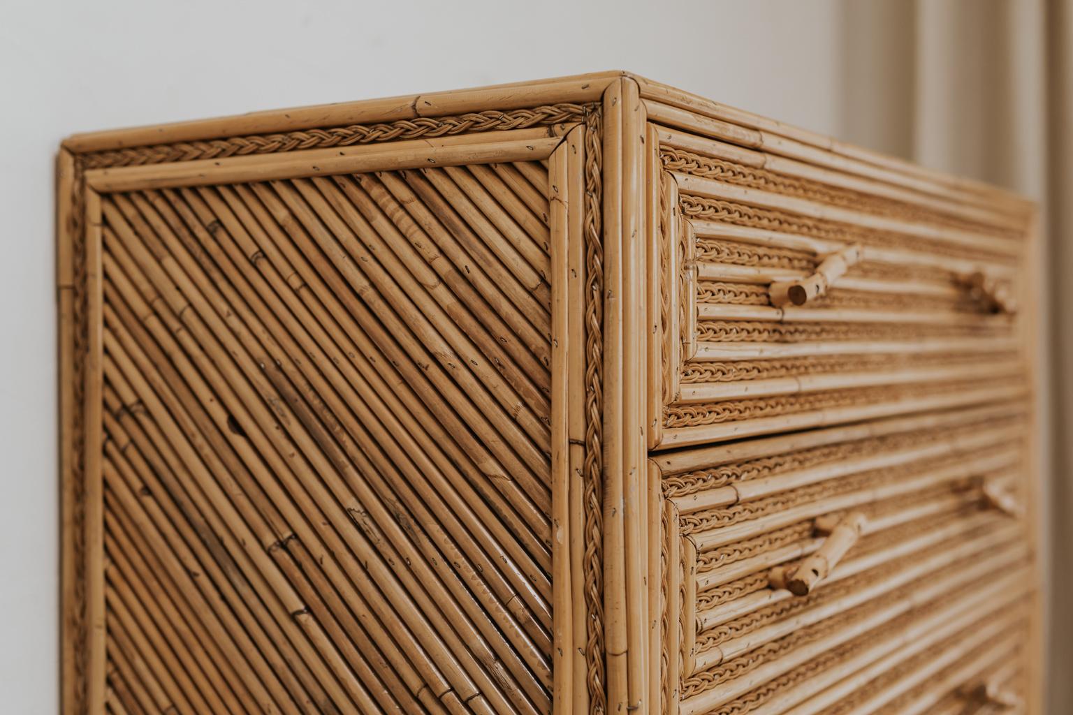 A charming rattan or wicker chest of drawers in mint condition, made in Spain during the 1970s, great details.