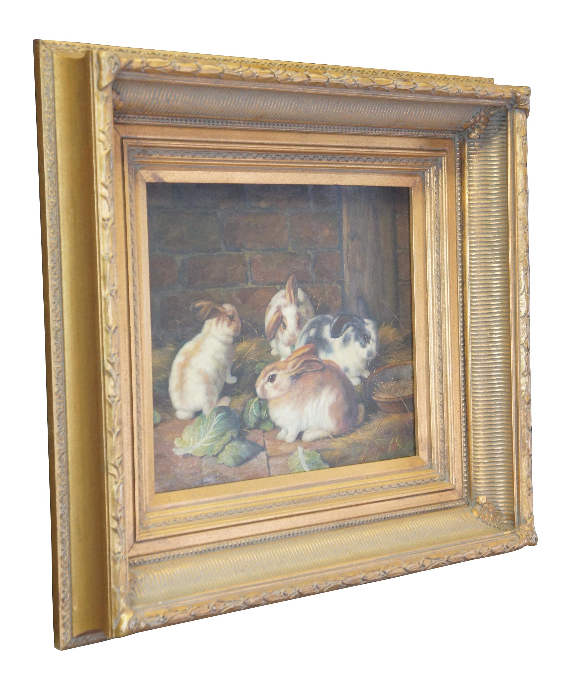 A lovely 20th century painting of Rabbits eating cabbage in a farmhouse setting. The oil painting is signed along the lower right side of the canvas by Nicolas. Features an ornately detailed French frame in tarnished gold.

Sans Frame - 20