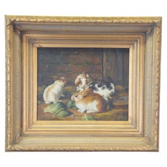 Vintage 20th Century Realist Bunny Portrait Oil Painting Farmhouse Rabbits Gold Frame