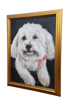 20th Century Realist Oil Painting Maltese White Dog Portrait Canvas 16"