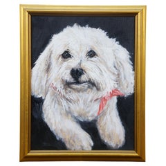 20th Century Realist Oil Painting Maltese White Dog Portrait Canvas 16"