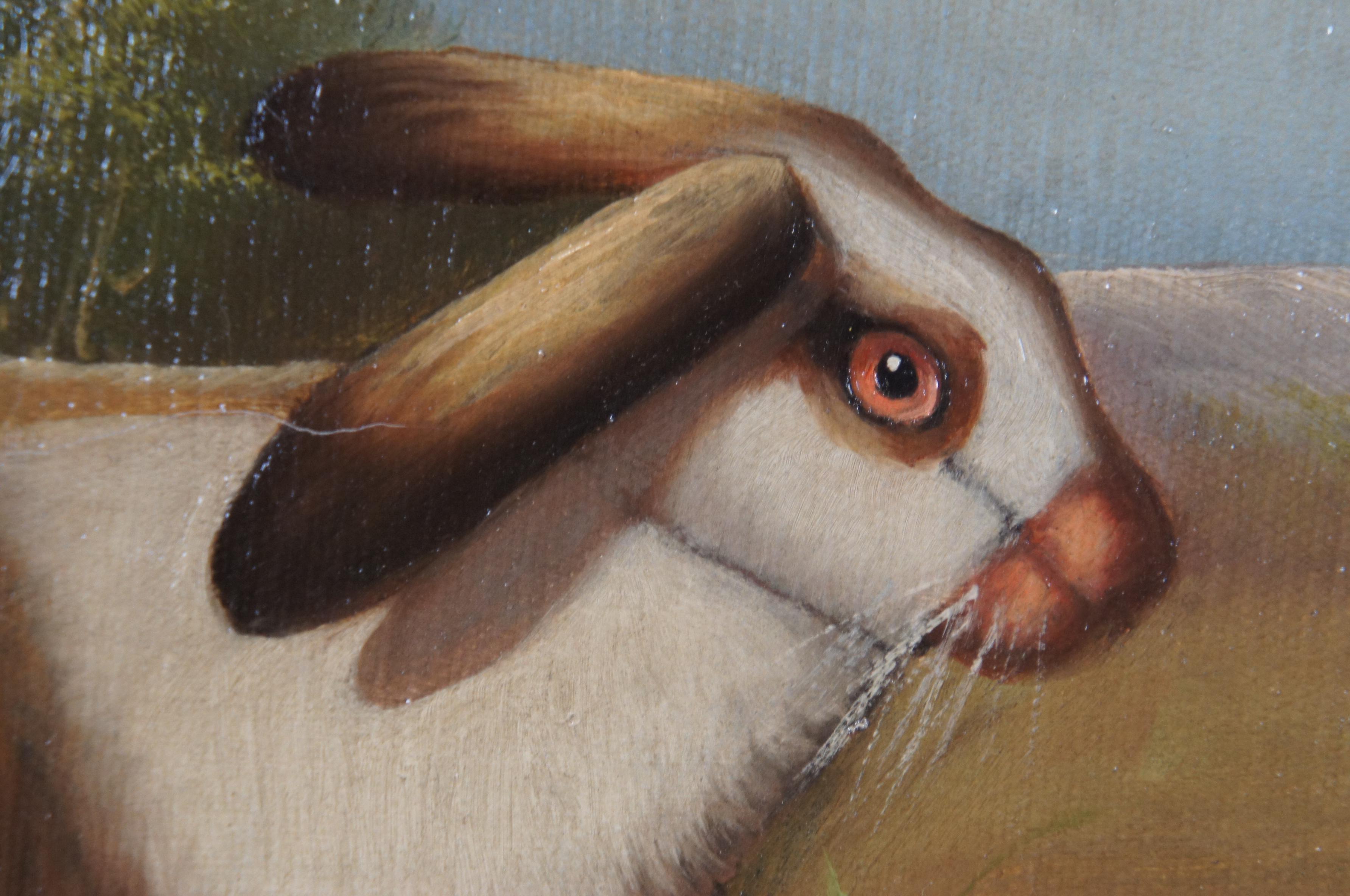 20th Century Realist Rabbit Countryside Signed Portrait Painting Canvas Framed 8