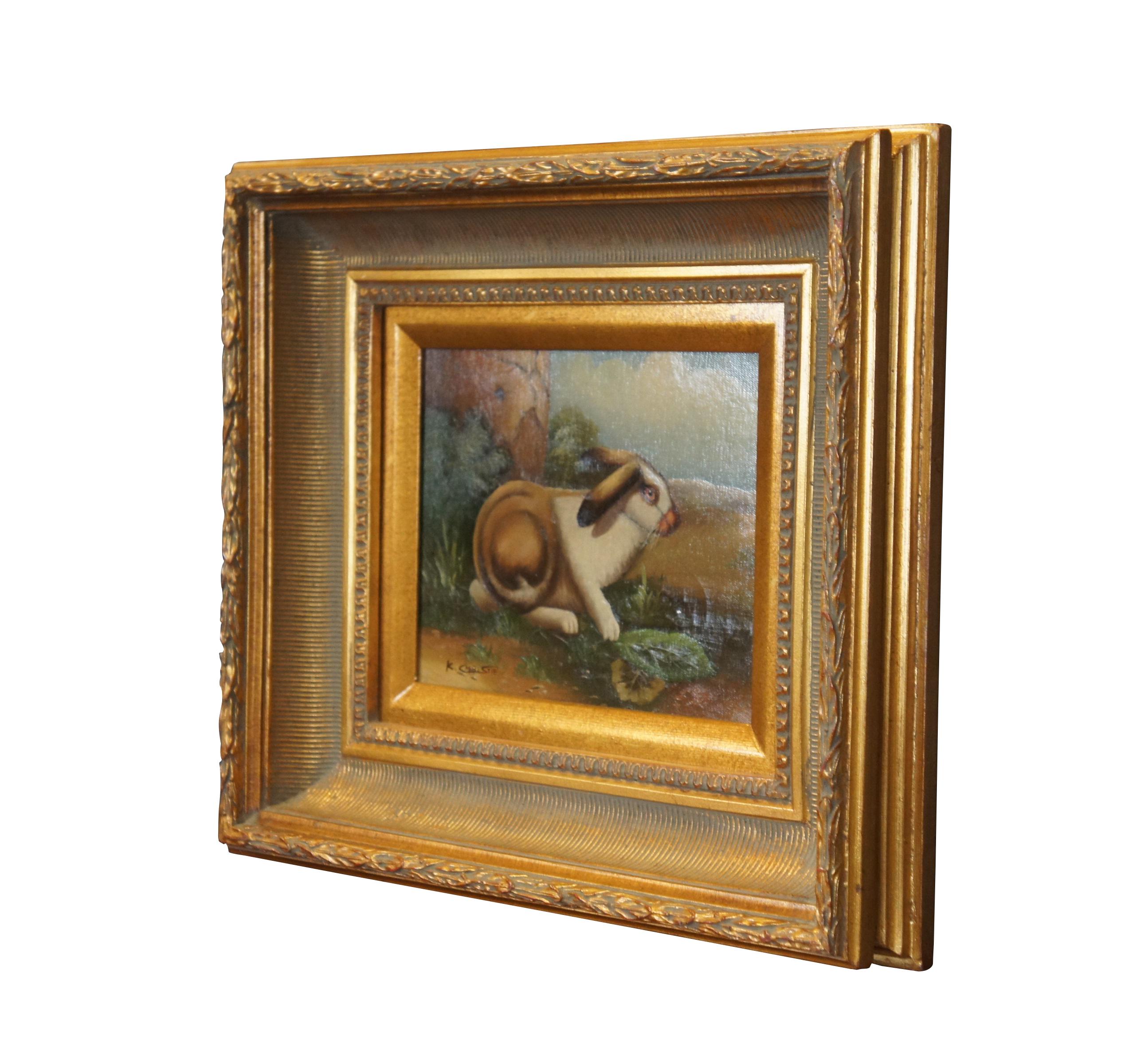 20th Century Realist Rabbit Countryside Signed Portrait Painting Canvas Framed In Fair Condition In Dayton, OH