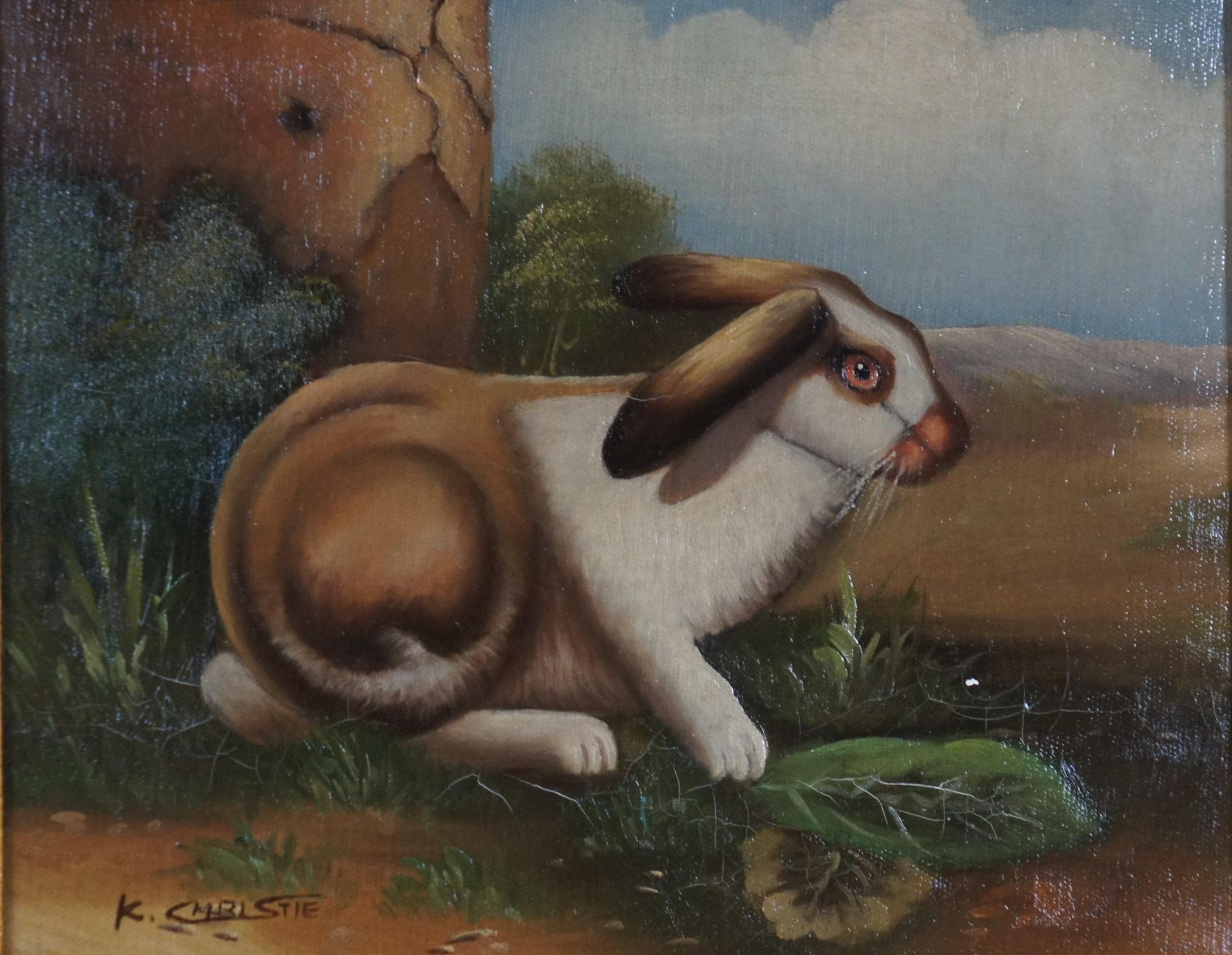 20th Century Realist Rabbit Countryside Signed Portrait Painting Canvas Framed 5