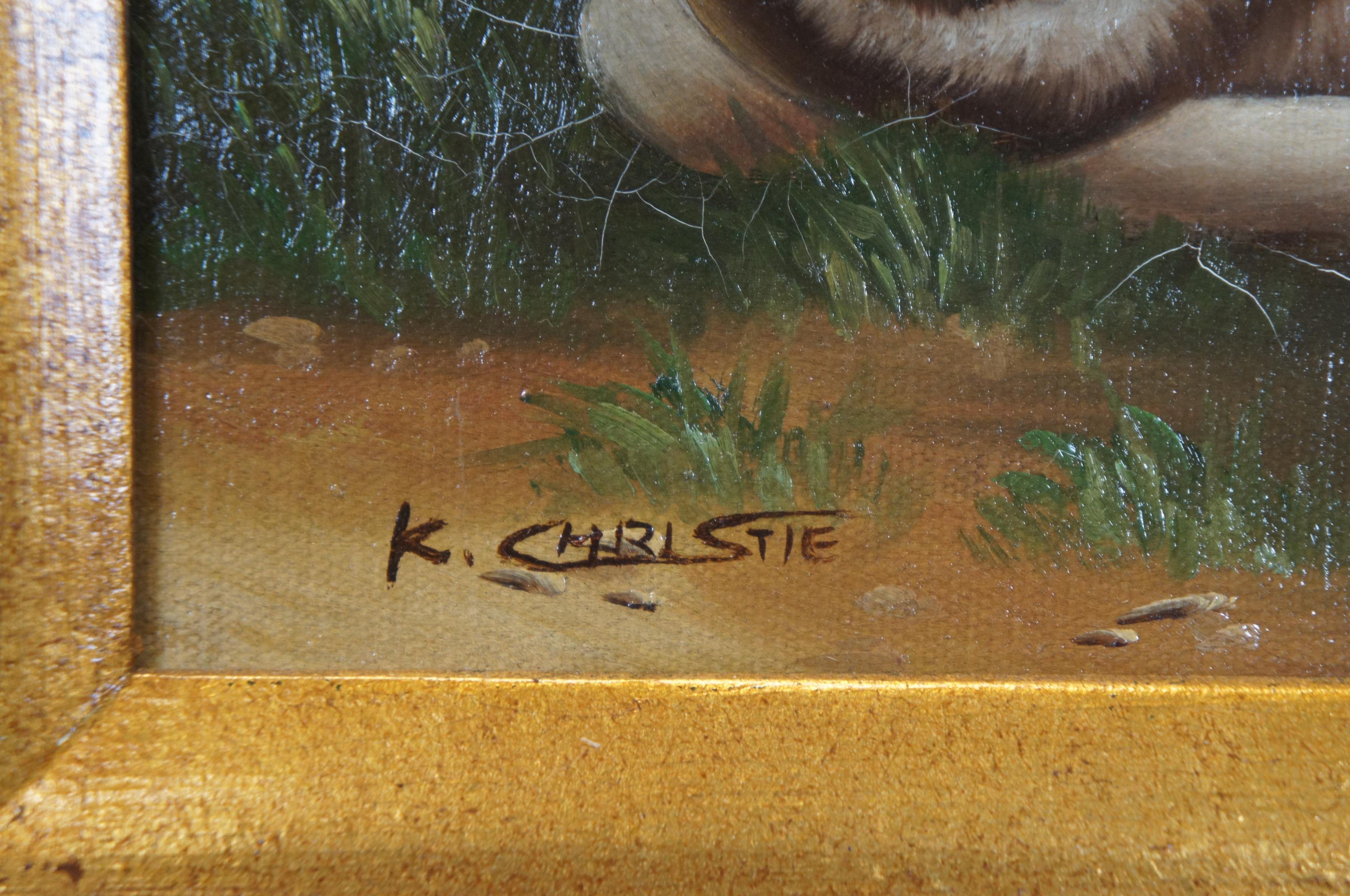 20th Century Realist Rabbit Countryside Signed Portrait Painting Canvas Framed 6