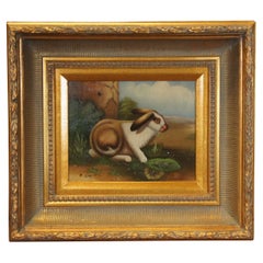 20th Century Realist Rabbit Countryside Signed Portrait Painting Canvas Framed