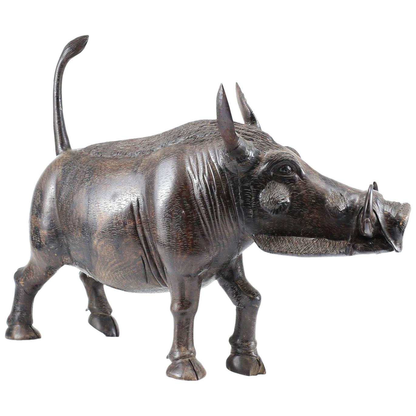 20th Century Realistic Heavily Detailed Iron Wood Carved Warthog