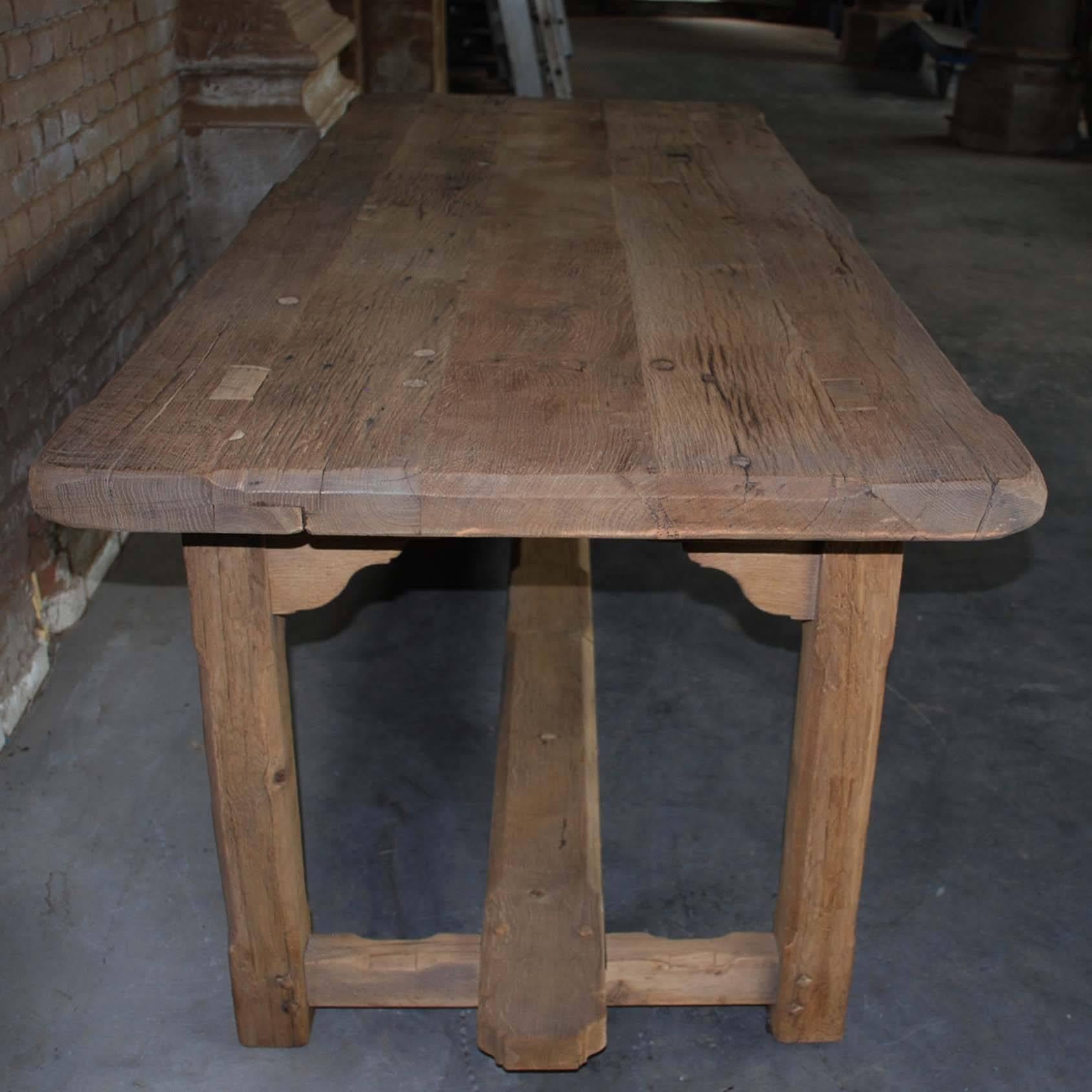 Dutch 20th Century Reclaimed Oak Tresle Base Dining Table