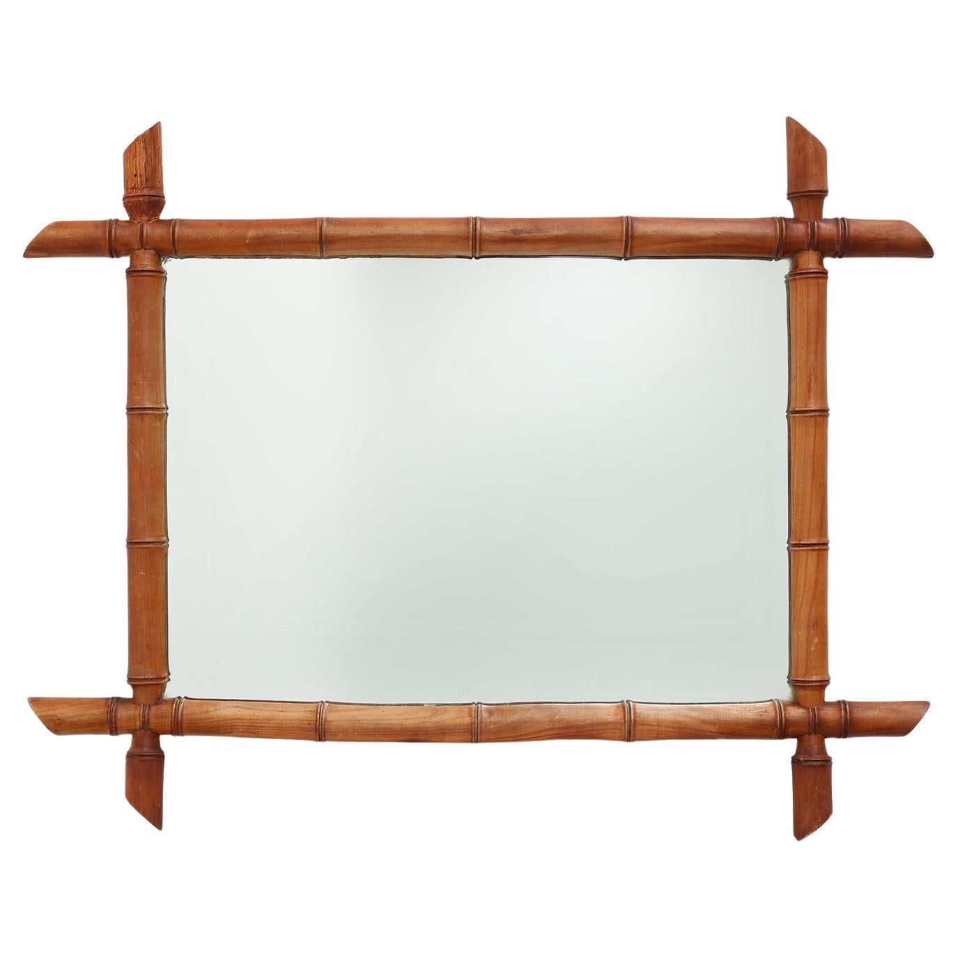Miroir mural rectangulaire en faux bambou du 20e siècle, France ca. 1960