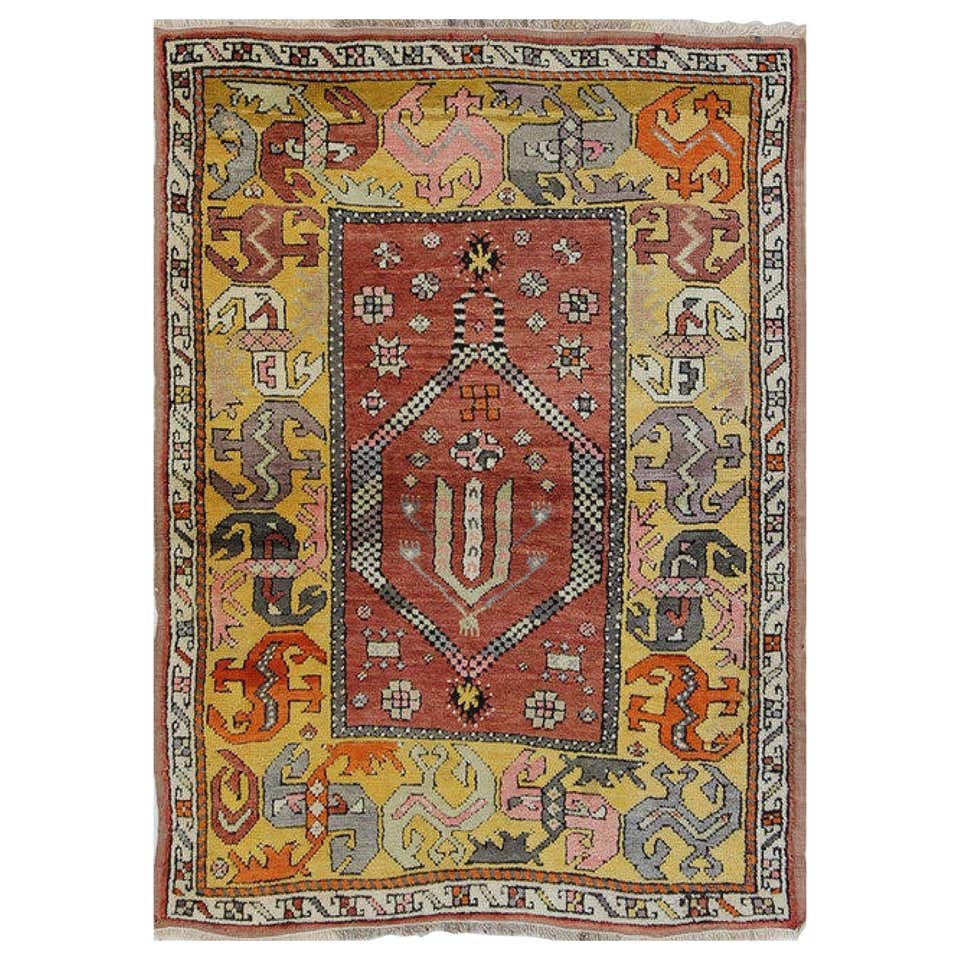 20th Century White Yellow Red Squared Swedish Rag handwoven Rug Folk ...