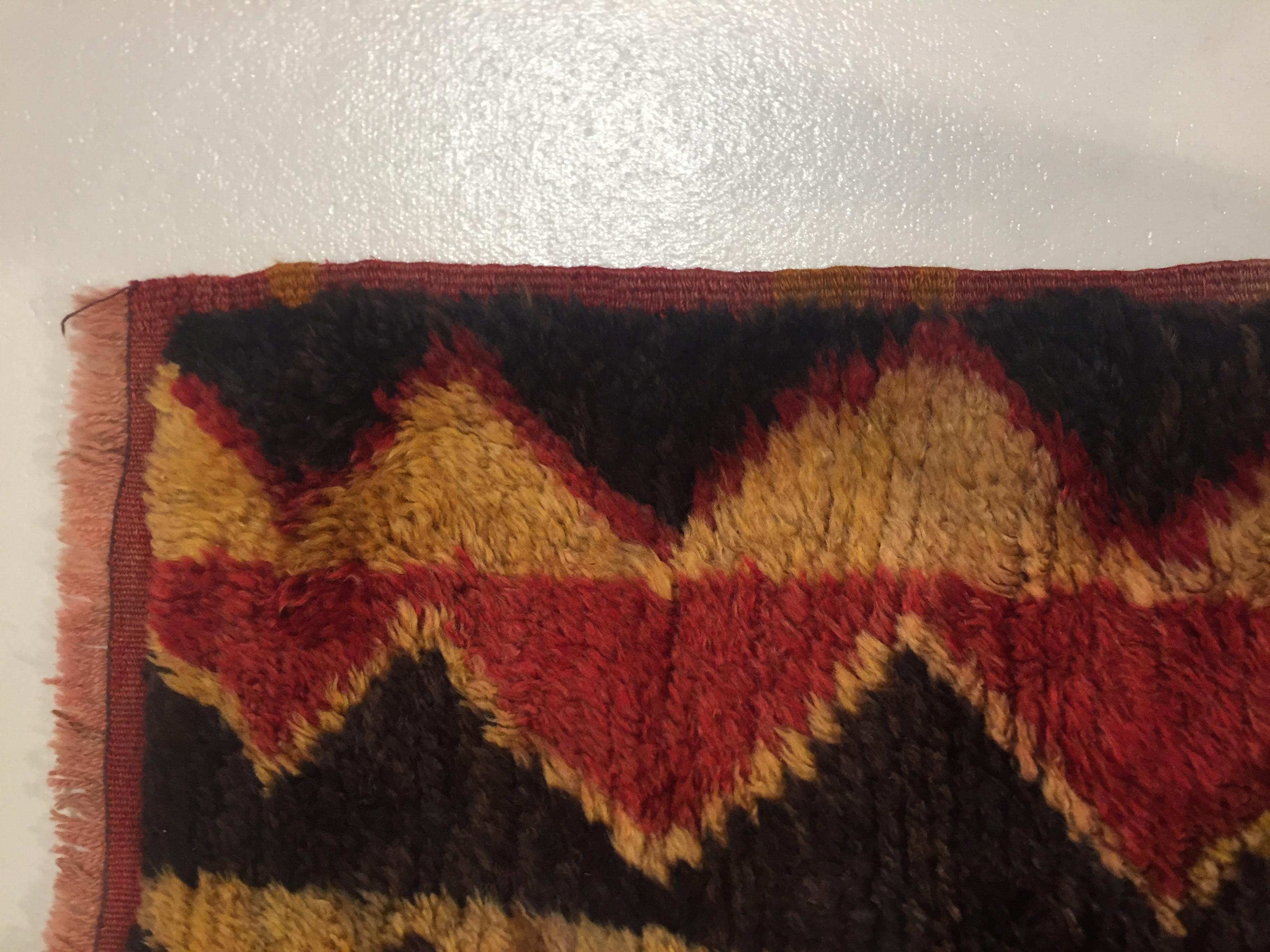 20th Century Red Black and Yellow Wool Geometric Turkish Tribal Tulu Rug For Sale 7