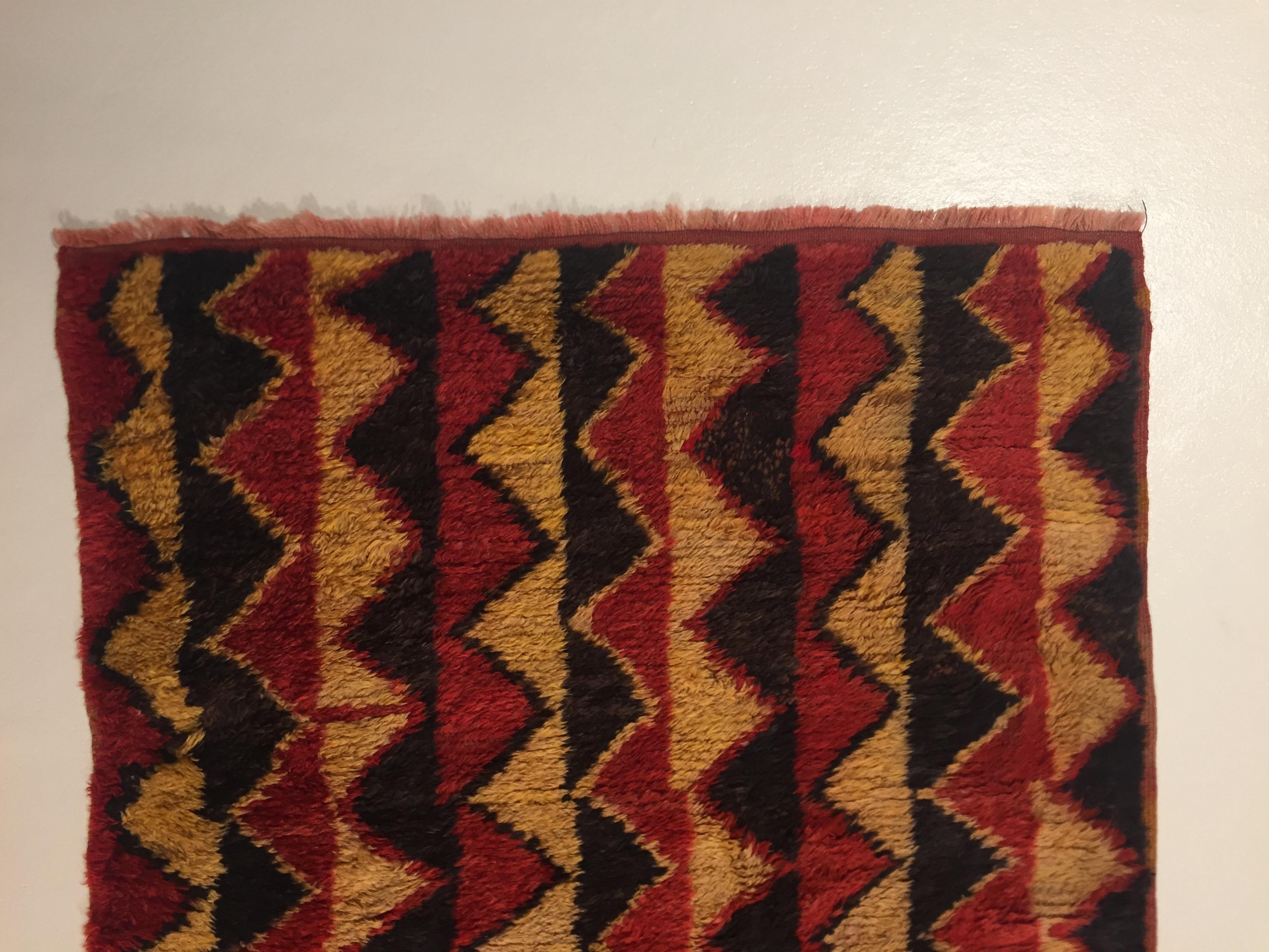 Hand-Knotted 20th Century Red Black and Yellow Wool Geometric Turkish Tribal Tulu Rug For Sale